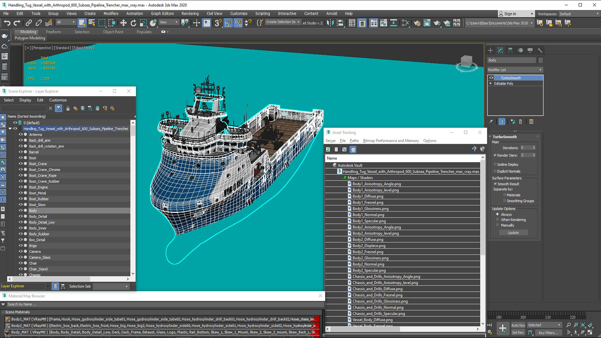 3D Handling Tug Vessel with Arthropod 600 Subsea Pipeline Trencher model