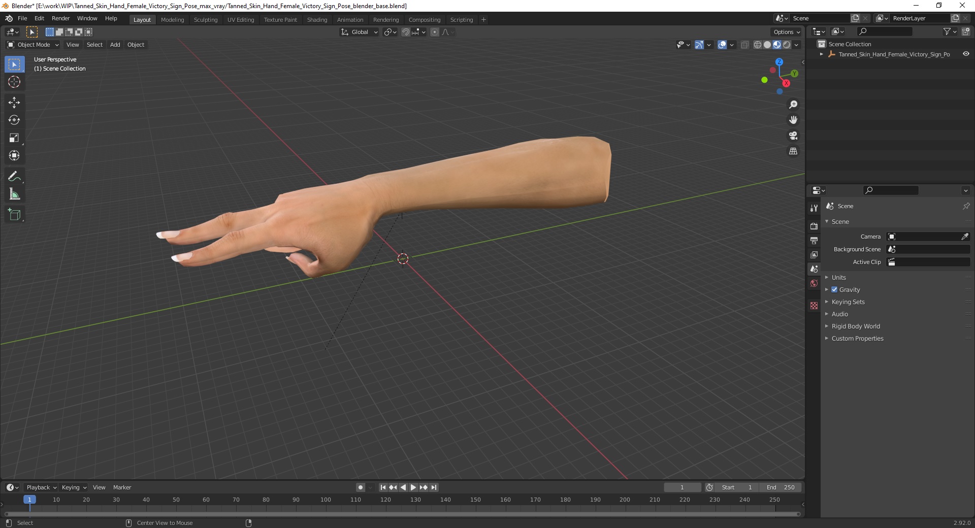 3D Tanned Skin Hand Female Victory Sign Pose