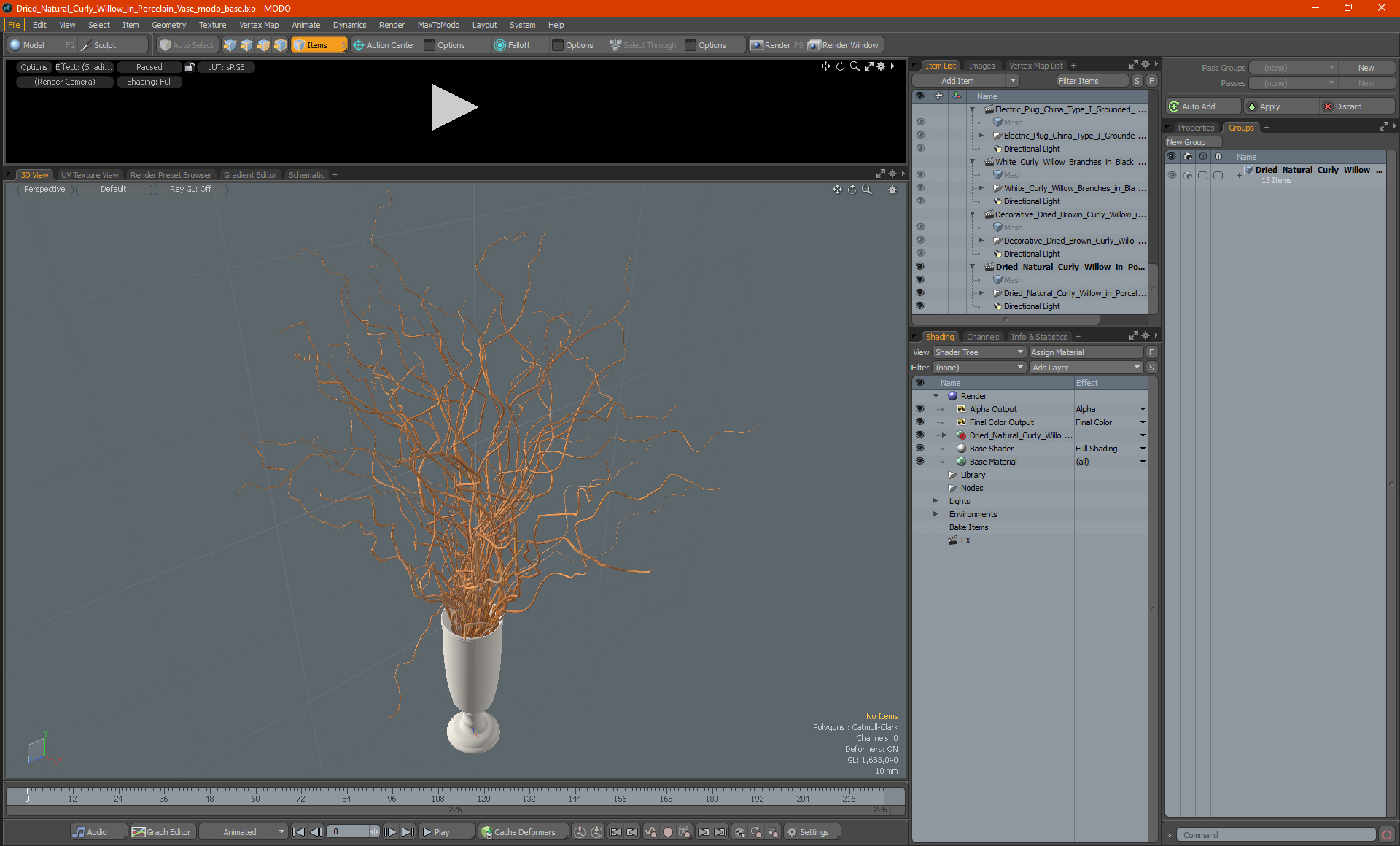 Dried Natural Curly Willow in Porcelain Vase 3D model