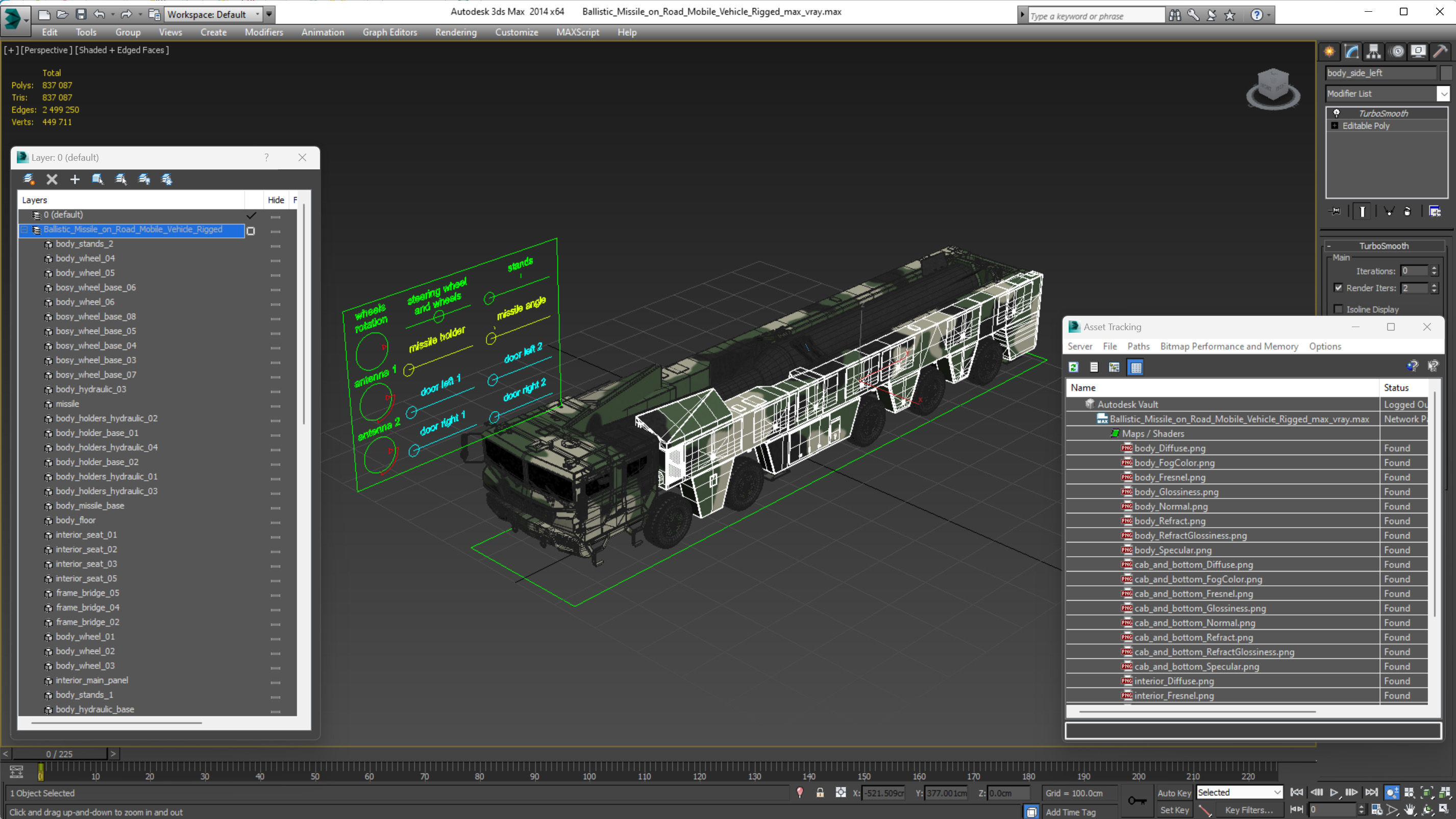 3D Ballistic Missile on Road Mobile Vehicle Rigged for Maya