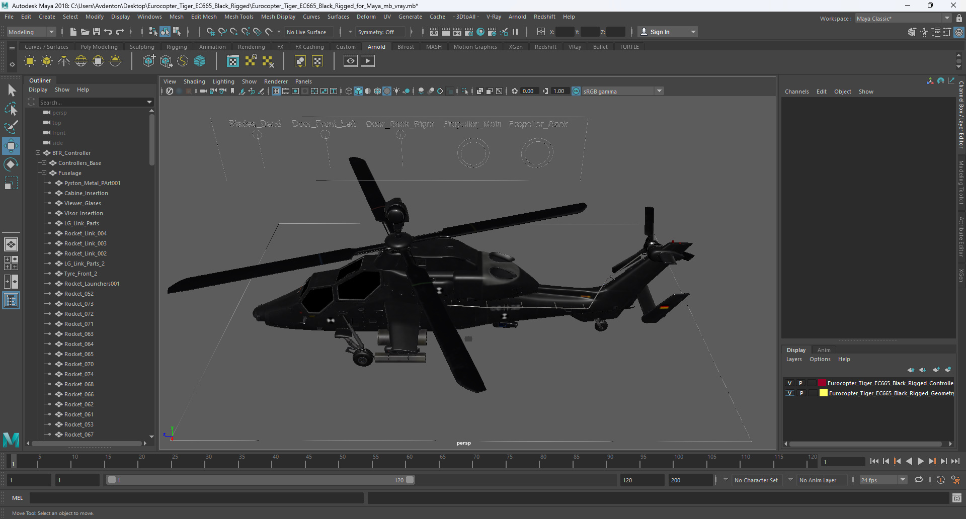 Eurocopter Tiger EC665 Black Rigged for Maya 3D model