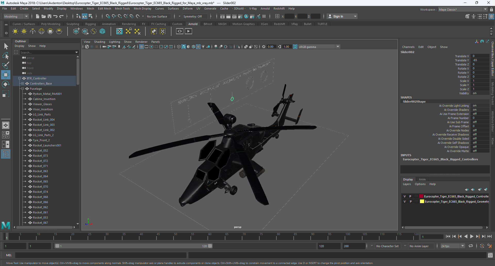 Eurocopter Tiger EC665 Black Rigged for Maya 3D model