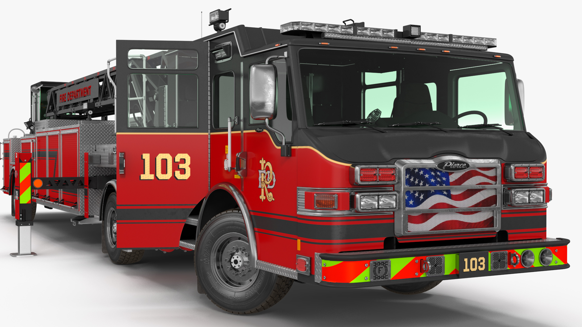 Velocity Ascendant Heavy Duty Black Fire Truck with Tiller Aerial Ladder Rigged 3D model