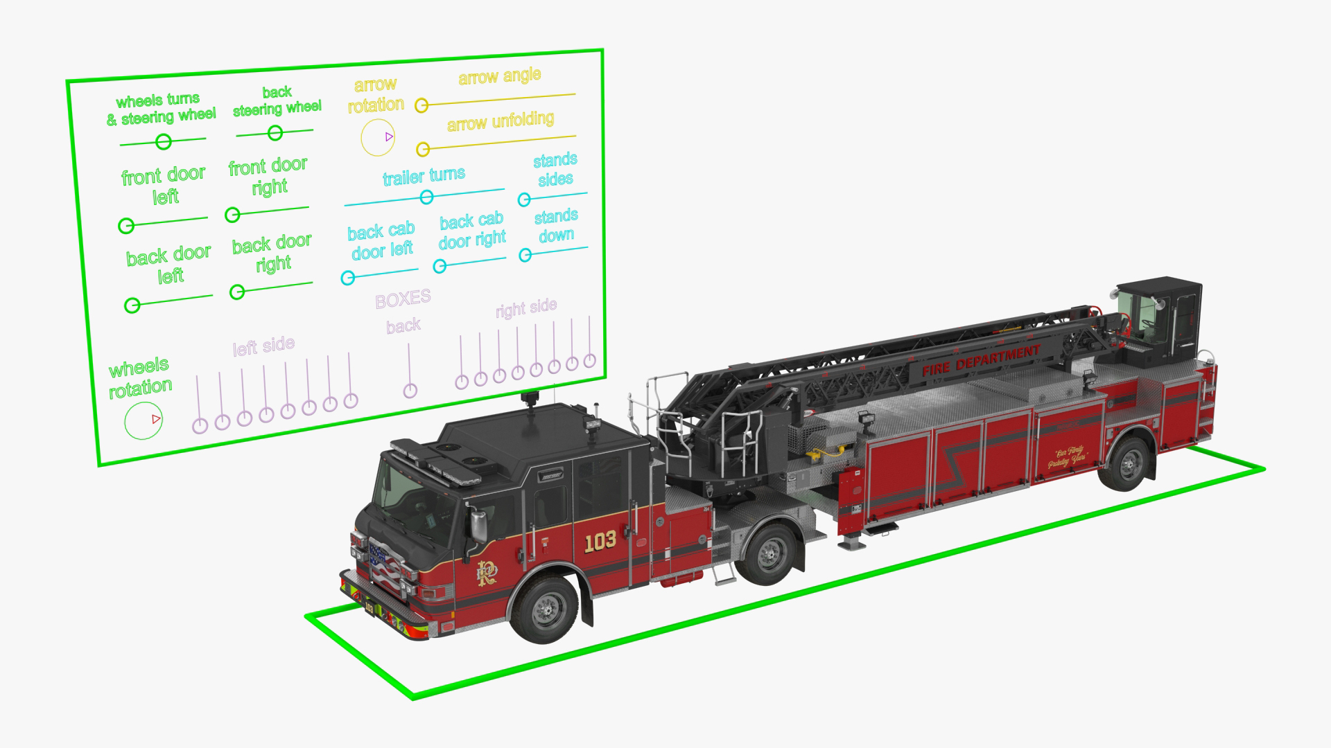 Velocity Ascendant Heavy Duty Black Fire Truck with Tiller Aerial Ladder Rigged 3D model