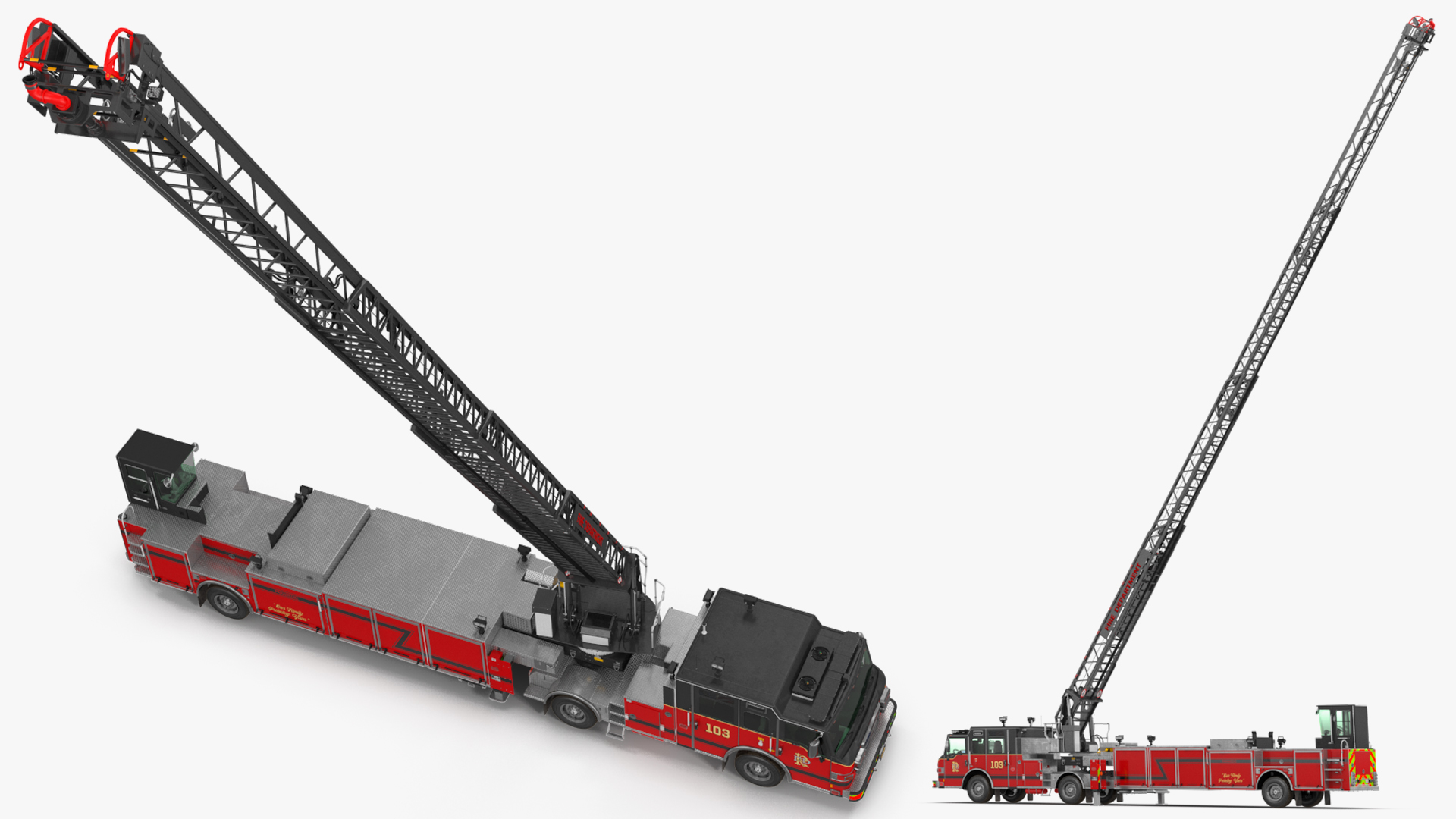Velocity Ascendant Heavy Duty Black Fire Truck with Tiller Aerial Ladder Rigged 3D model