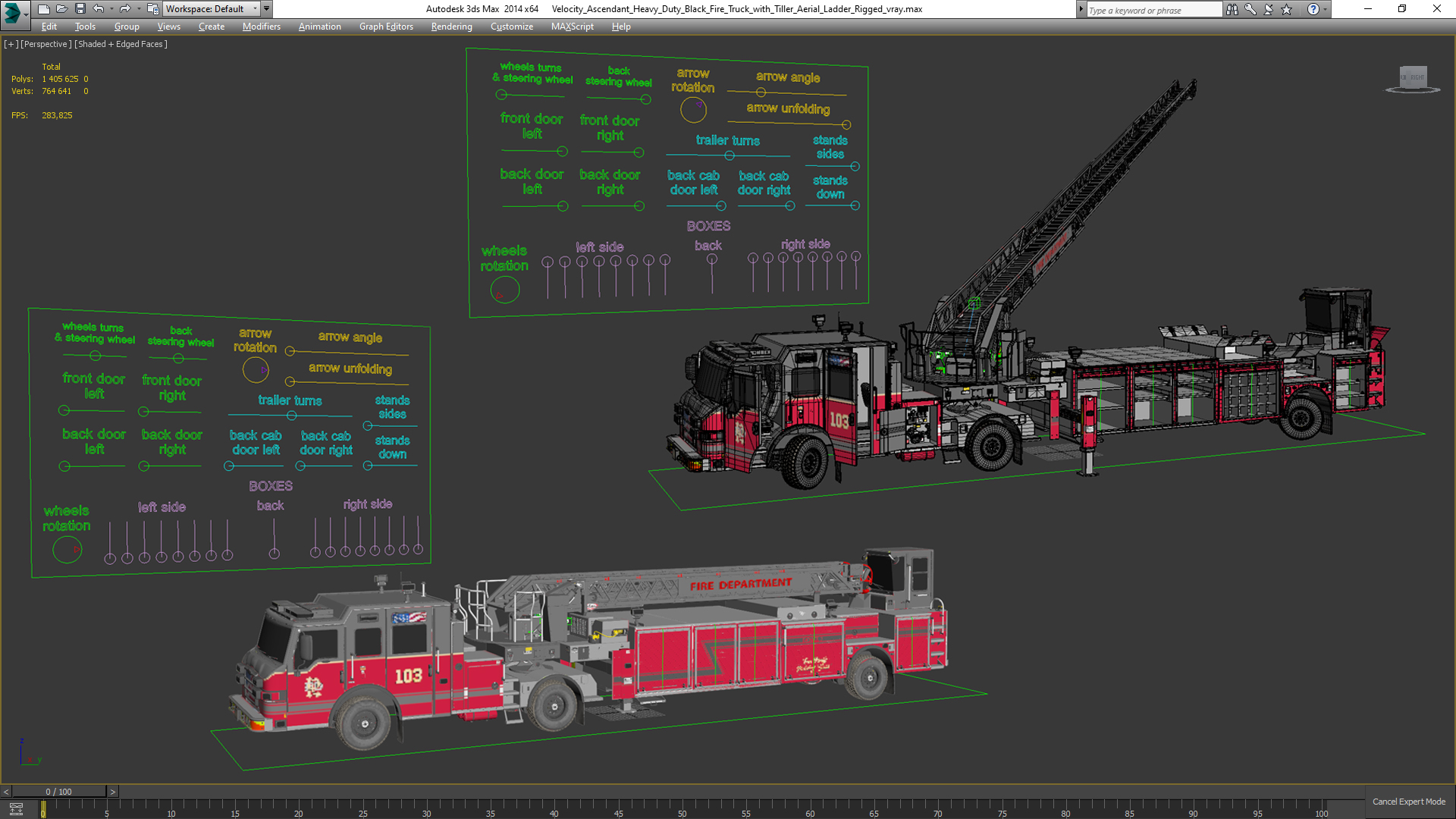 Velocity Ascendant Heavy Duty Black Fire Truck with Tiller Aerial Ladder Rigged 3D model