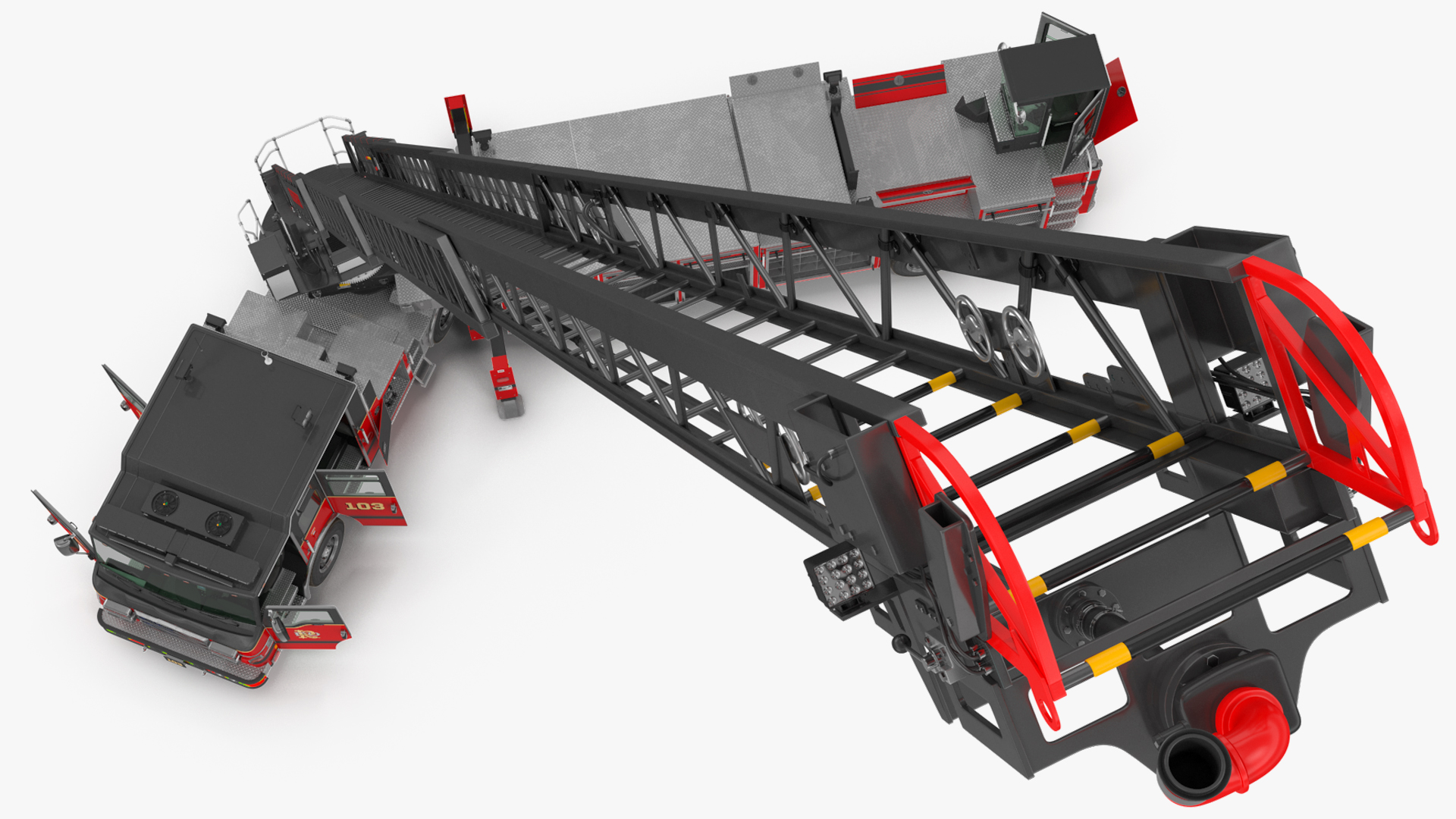Velocity Ascendant Heavy Duty Black Fire Truck with Tiller Aerial Ladder Rigged 3D model