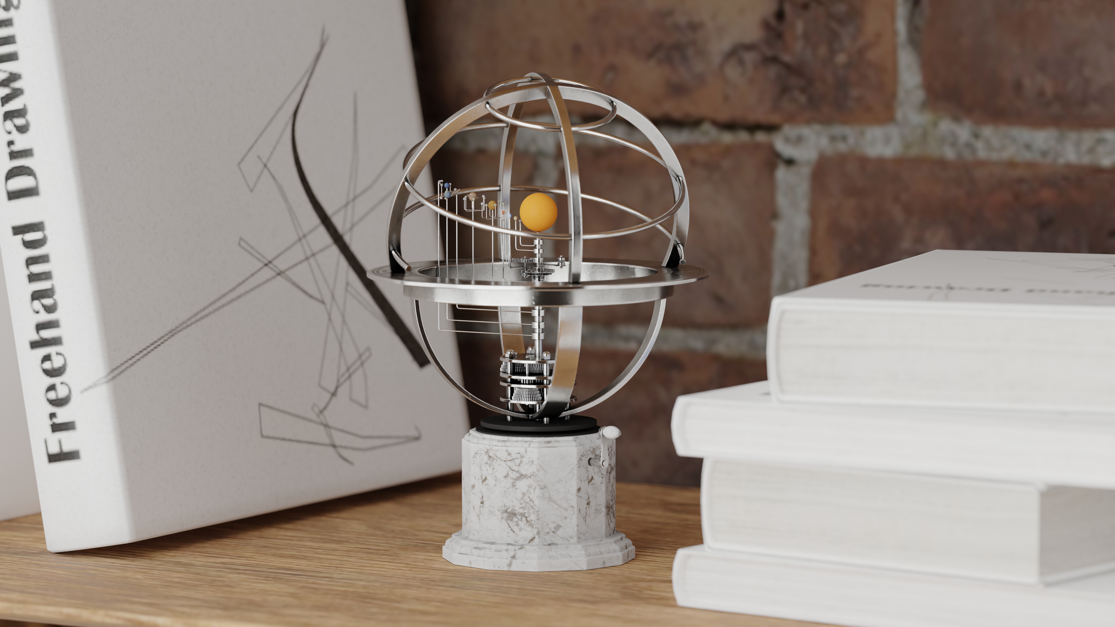 Silver Solar System Orrery with Marble Base Rigged for Maya 3D model