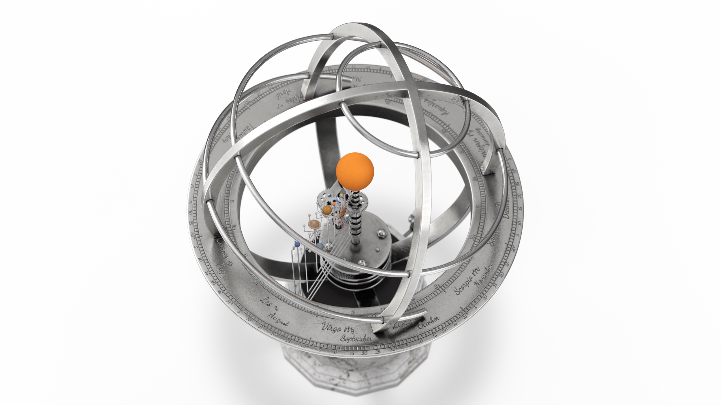 Silver Solar System Orrery with Marble Base Rigged for Maya 3D model