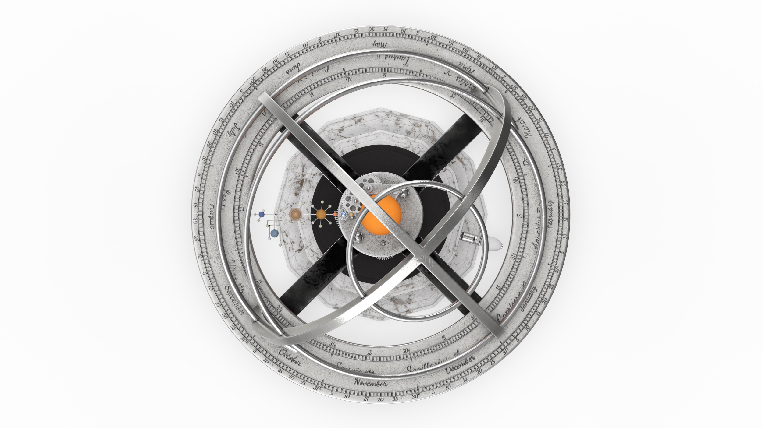 Silver Solar System Orrery with Marble Base Rigged for Maya 3D model