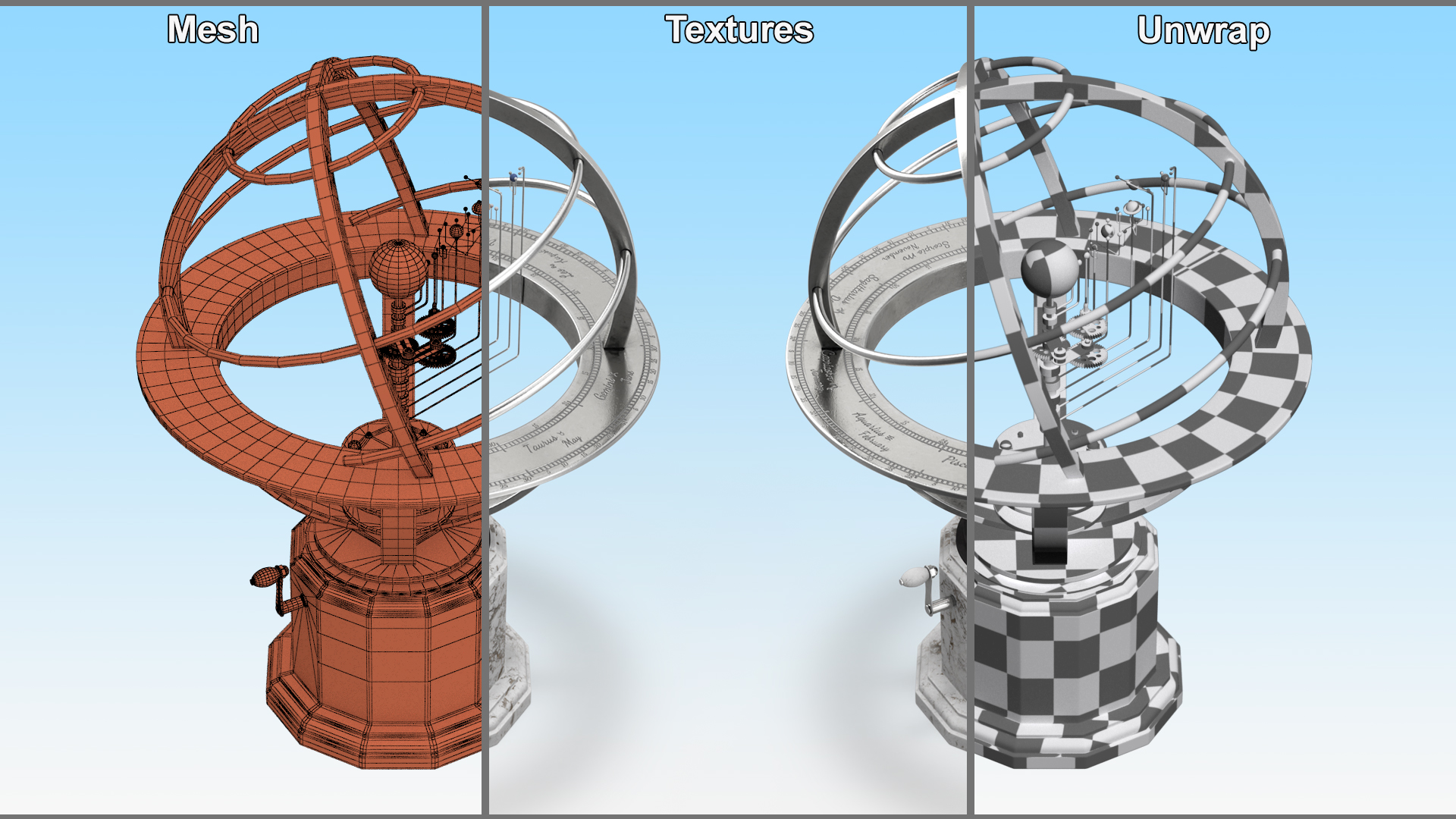 Silver Solar System Orrery with Marble Base Rigged for Maya 3D model