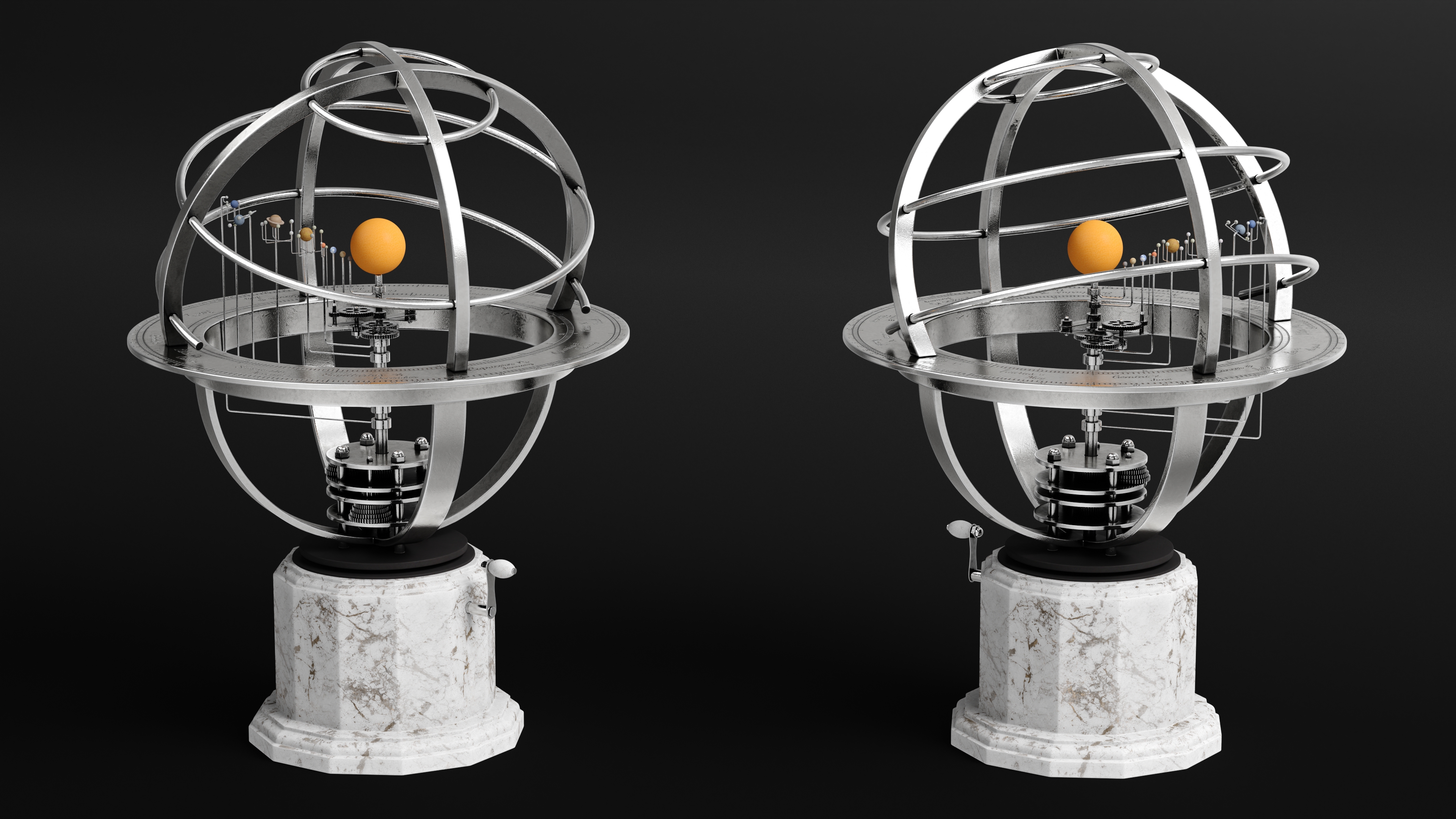 Silver Solar System Orrery with Marble Base Rigged for Maya 3D model