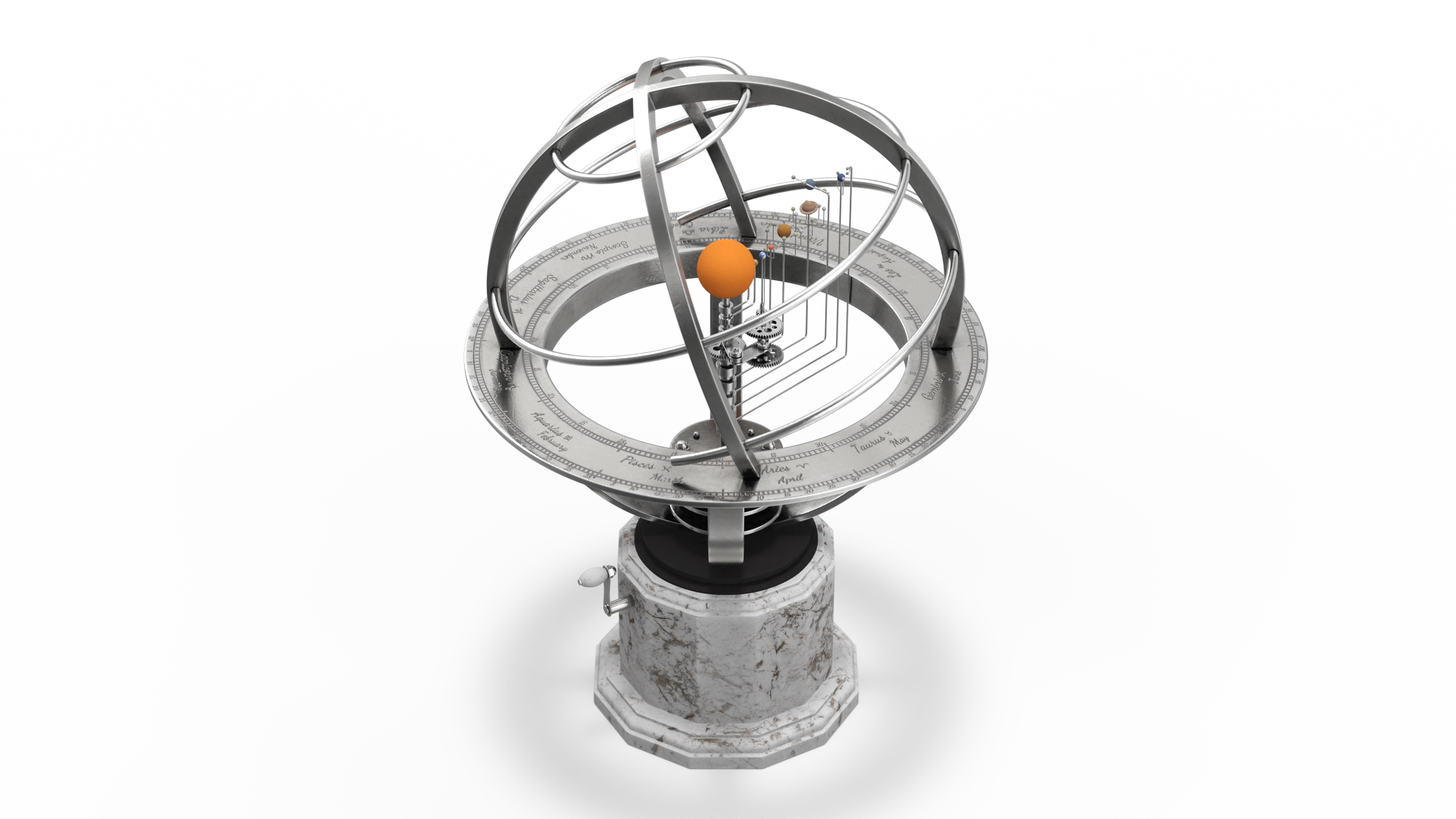 Silver Solar System Orrery with Marble Base Rigged for Maya 3D model