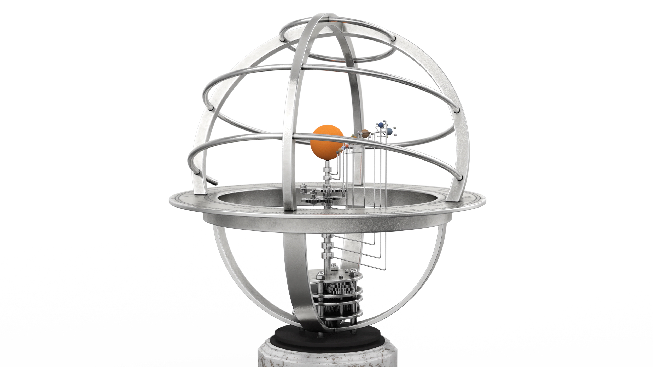 Silver Solar System Orrery with Marble Base Rigged for Maya 3D model