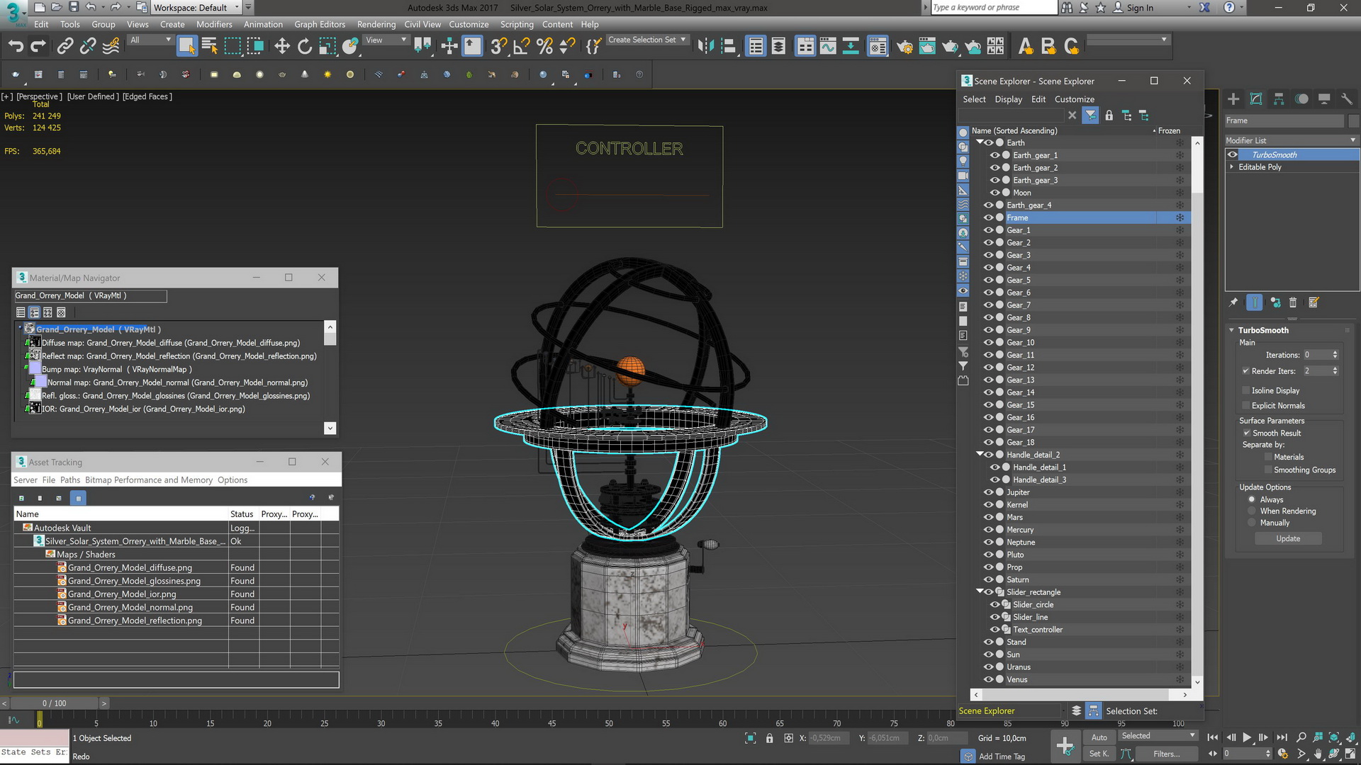 Silver Solar System Orrery with Marble Base Rigged for Maya 3D model