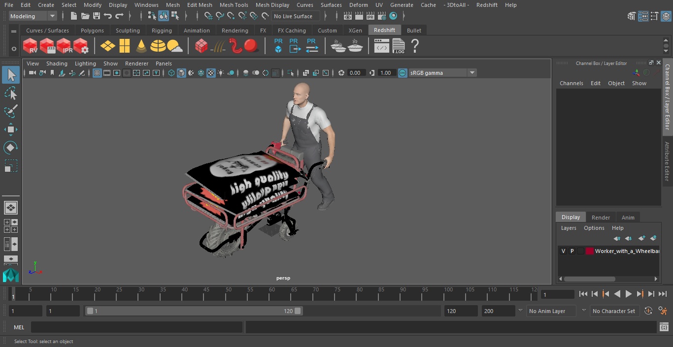 3D Worker with a Wheelbarrow Battery Frame Cement