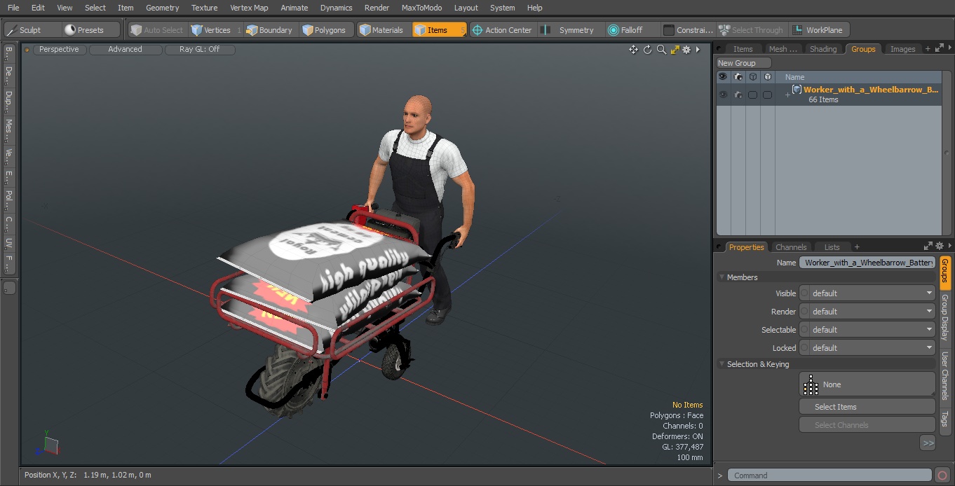 3D Worker with a Wheelbarrow Battery Frame Cement