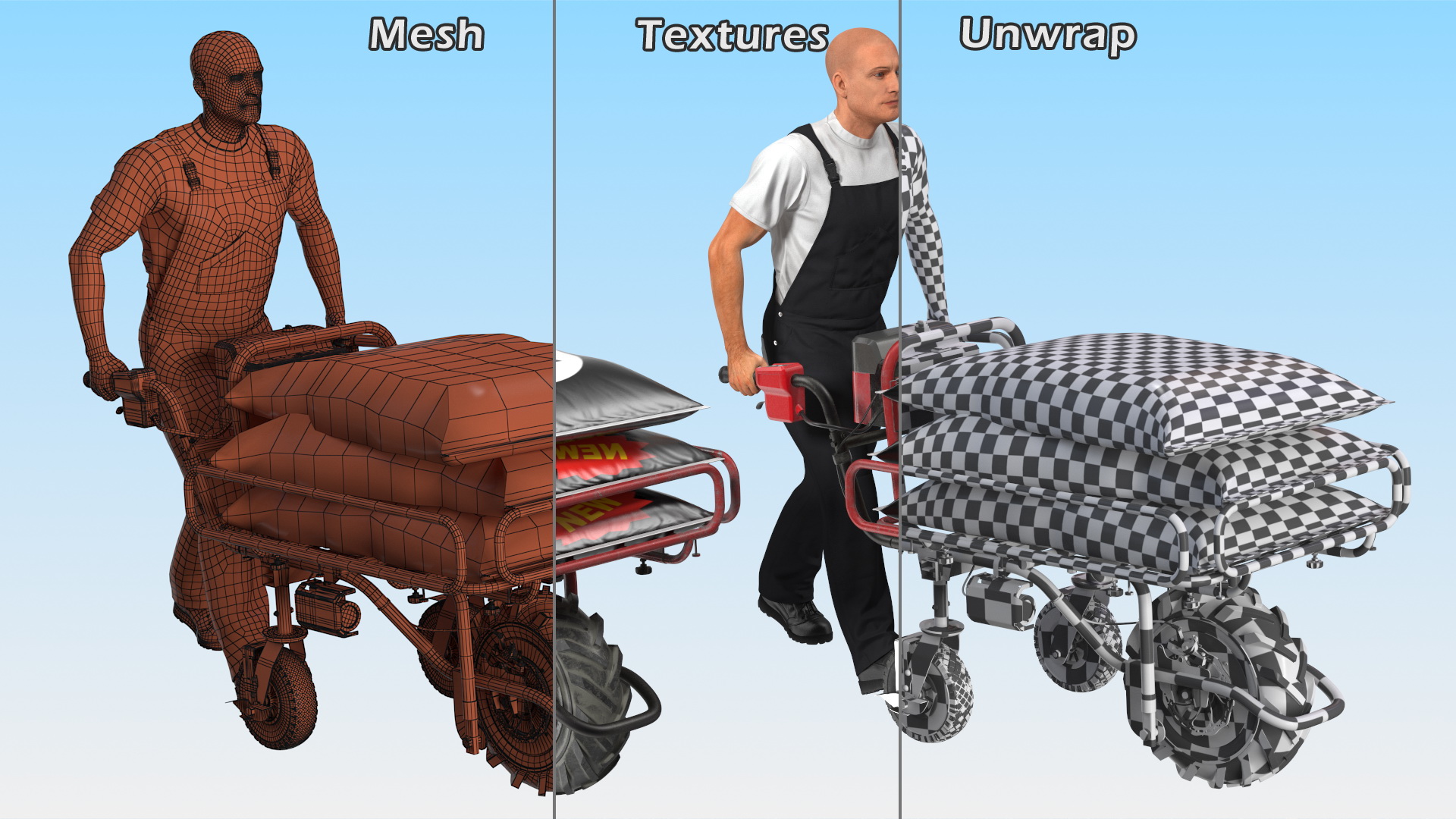 3D Worker with a Wheelbarrow Battery Frame Cement