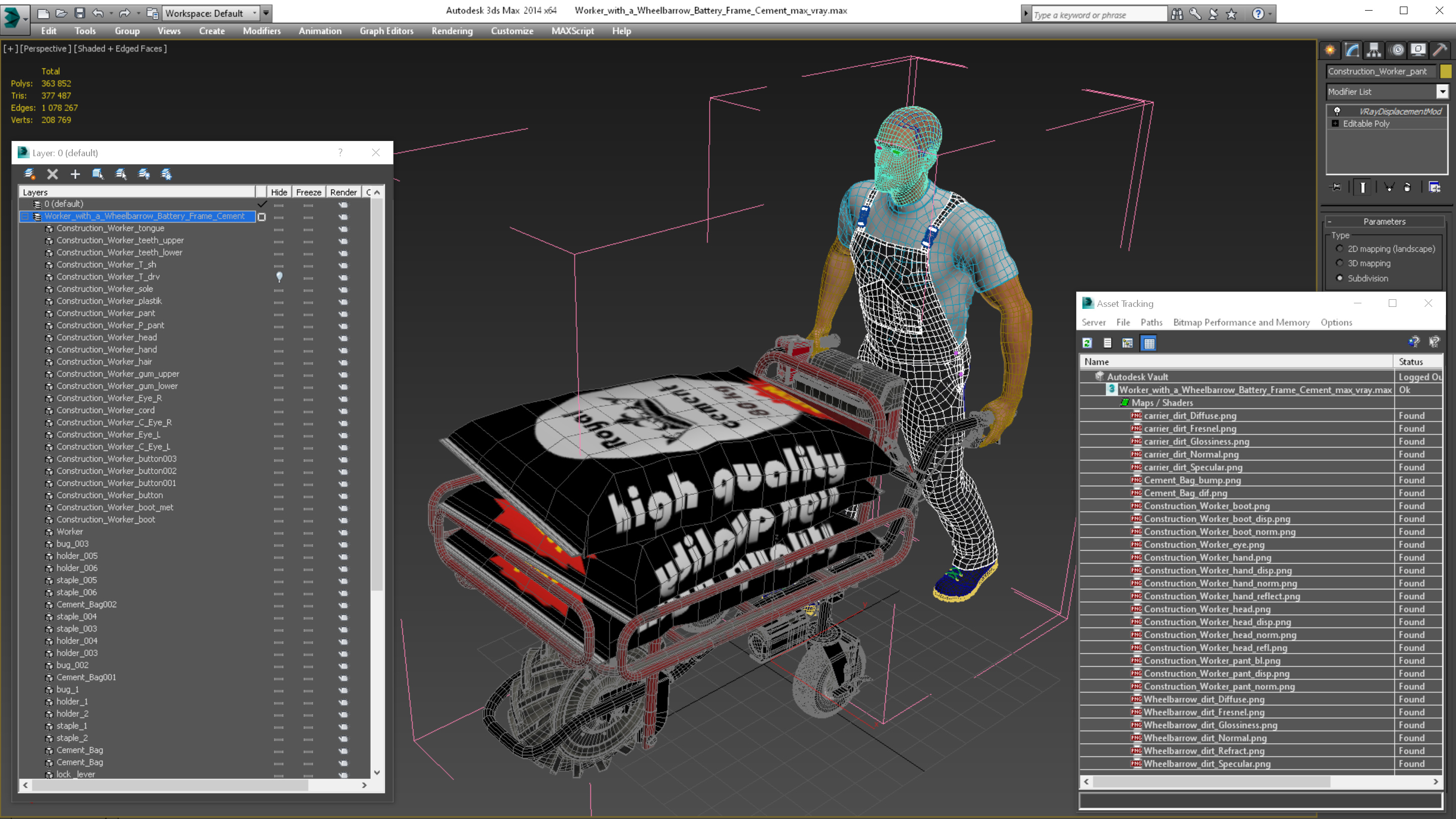 3D Worker with a Wheelbarrow Battery Frame Cement