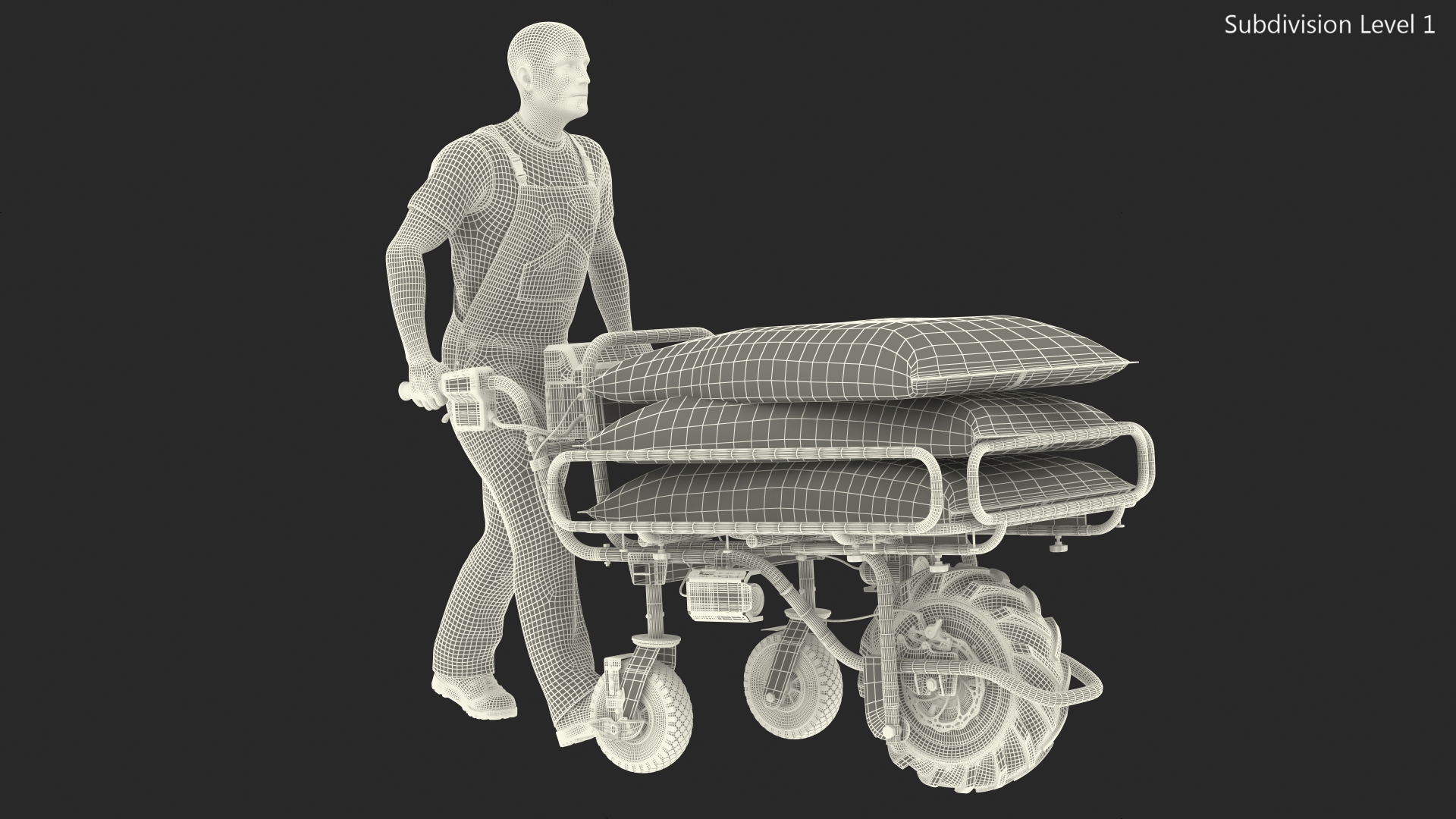 3D Worker with a Wheelbarrow Battery Frame Cement