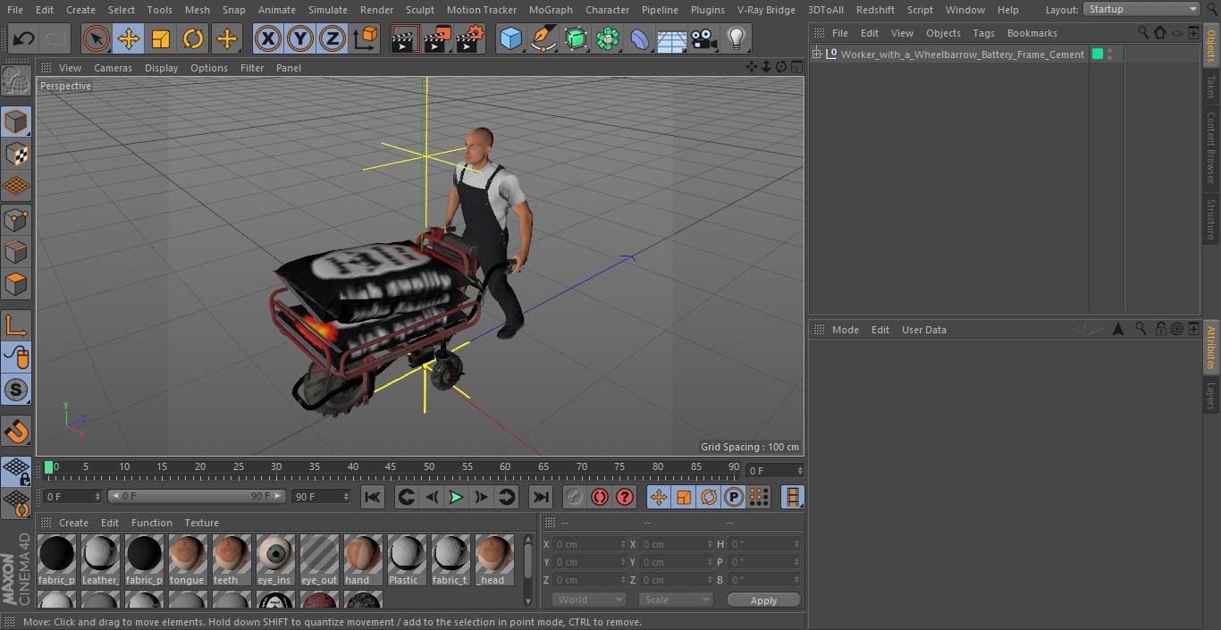 3D Worker with a Wheelbarrow Battery Frame Cement