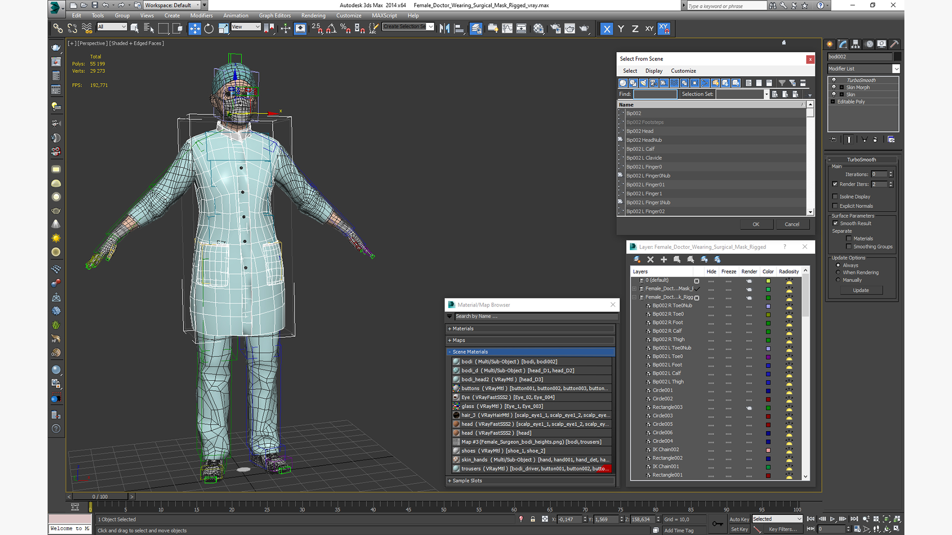 3D Female Doctor Wearing Surgical Mask Rigged for Cinema 4D