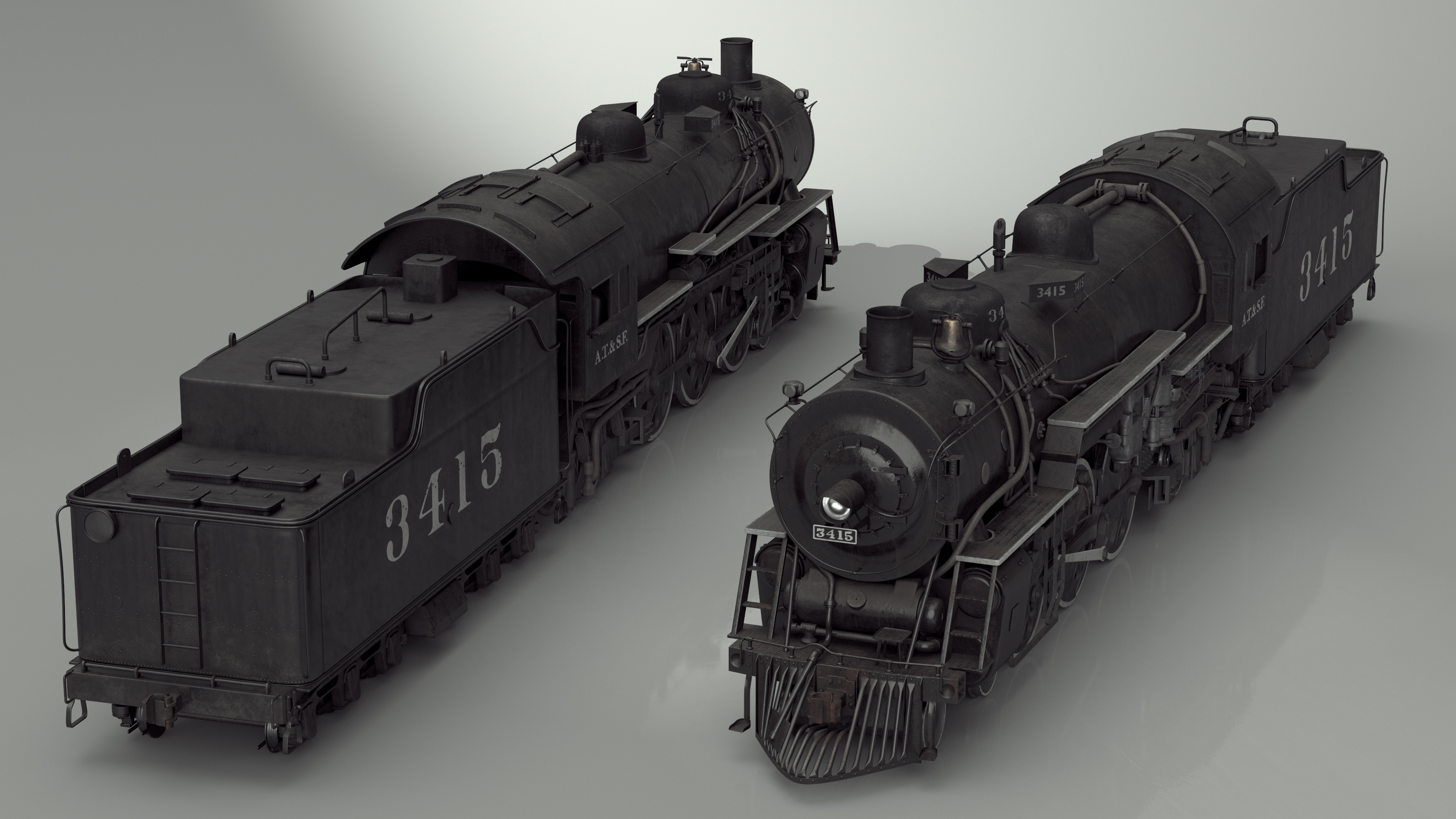 3D model Vintage Steam Locomotive ATSF 3415 Rigged for Maya