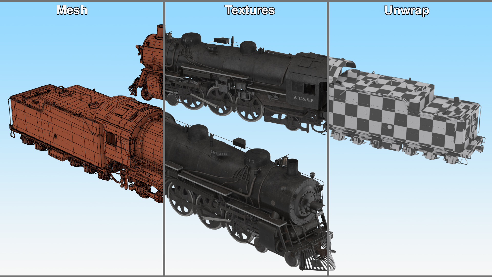 3D model Vintage Steam Locomotive ATSF 3415 Rigged for Maya