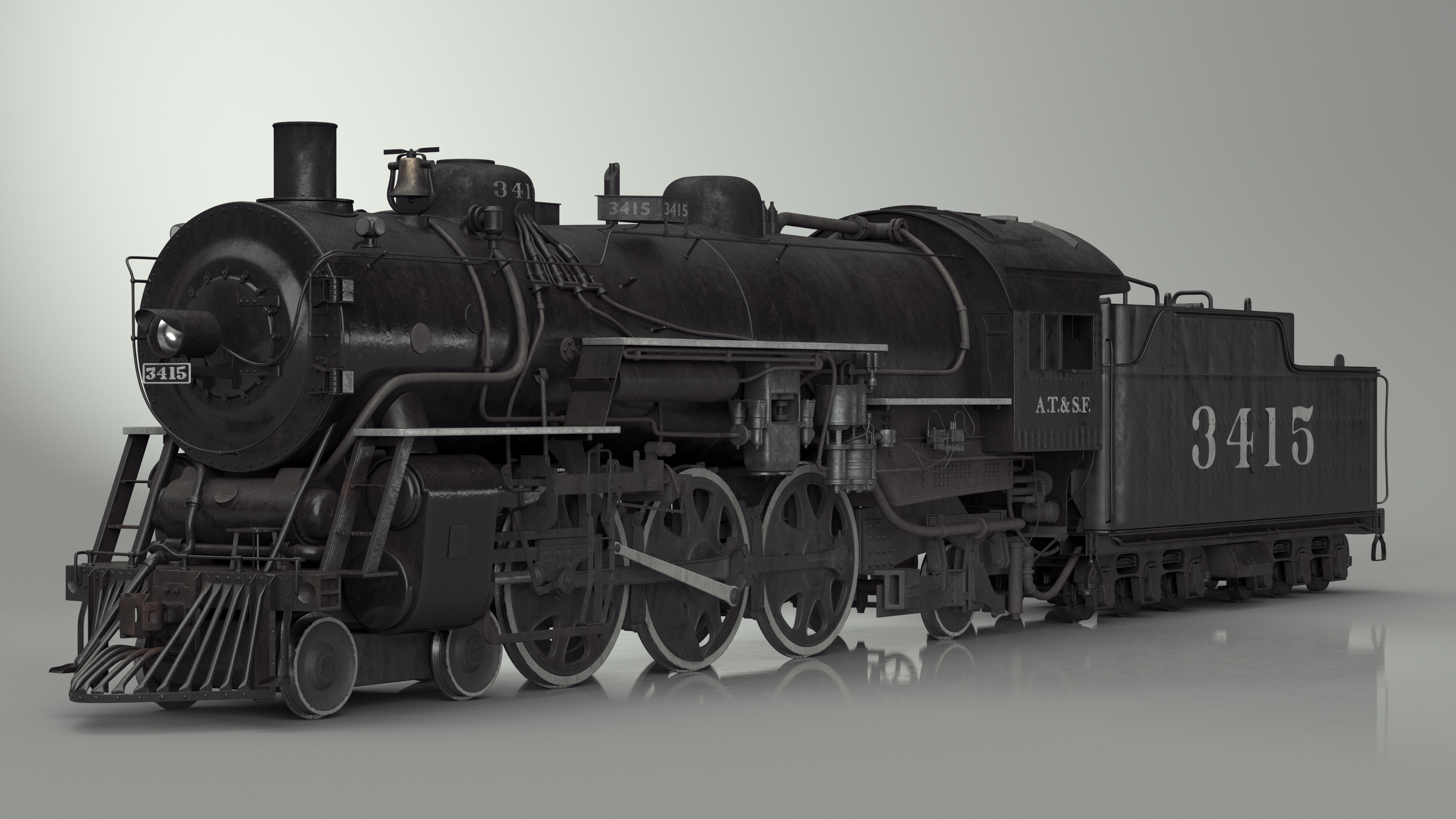 3D model Vintage Steam Locomotive ATSF 3415 Rigged for Maya