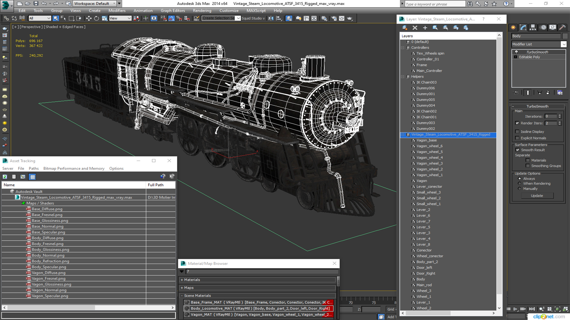 3D model Vintage Steam Locomotive ATSF 3415 Rigged for Maya