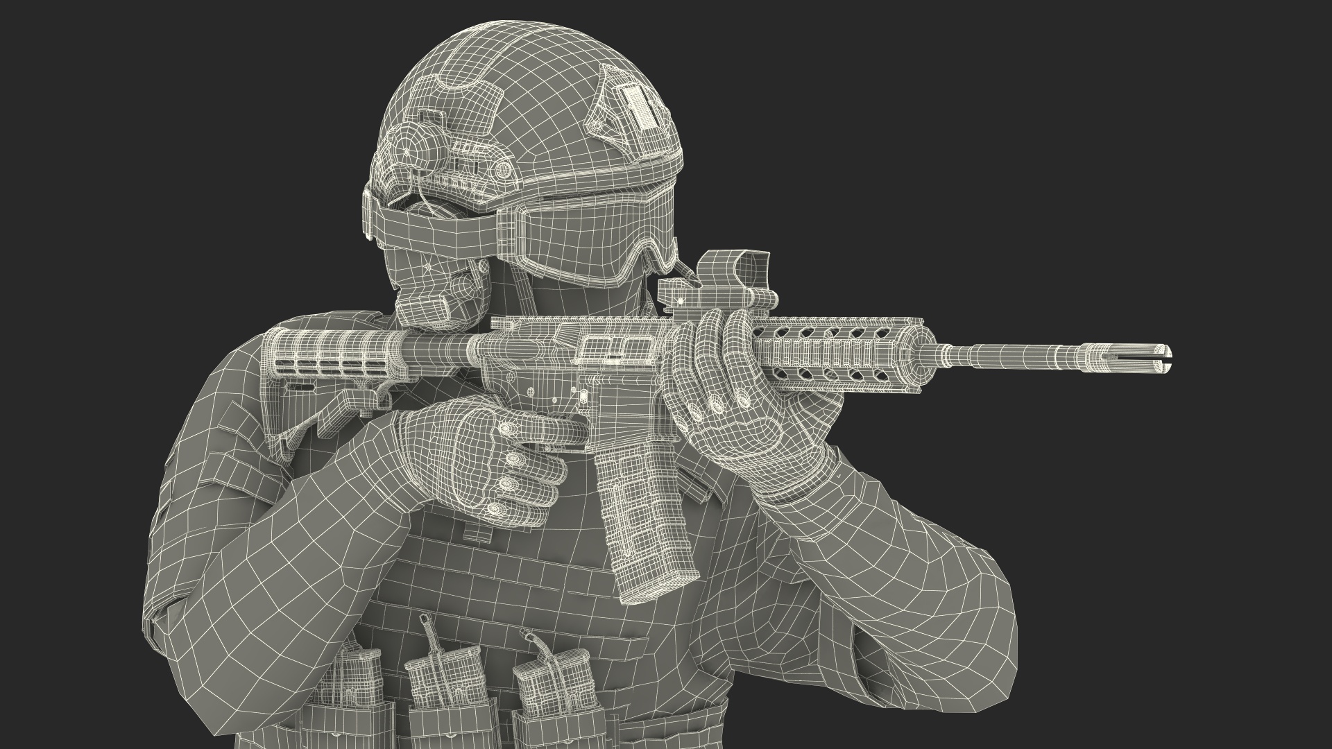 3D model Army Soldier in Grey Camo with Goggles Aiming