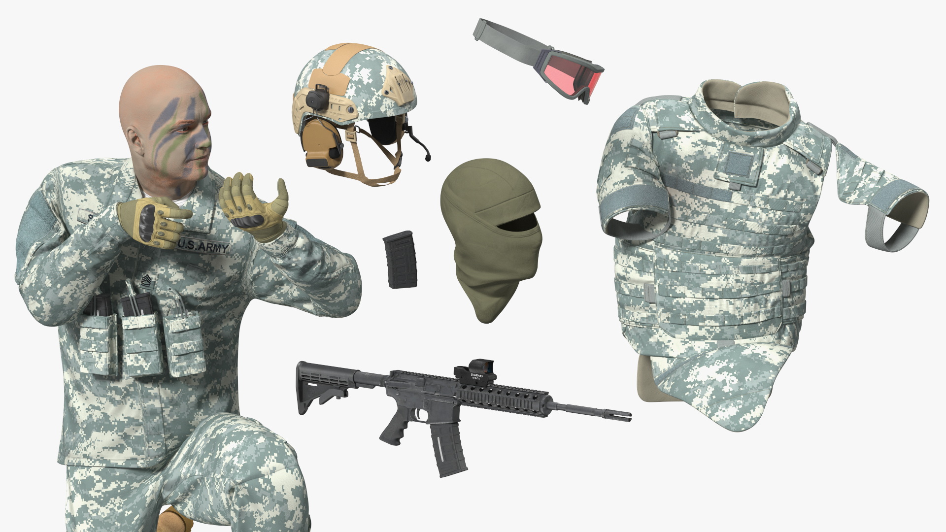 3D model Army Soldier in Grey Camo with Goggles Aiming