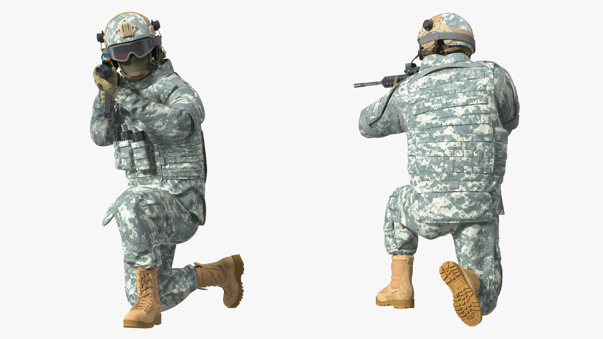 3D model Army Soldier in Grey Camo with Goggles Aiming