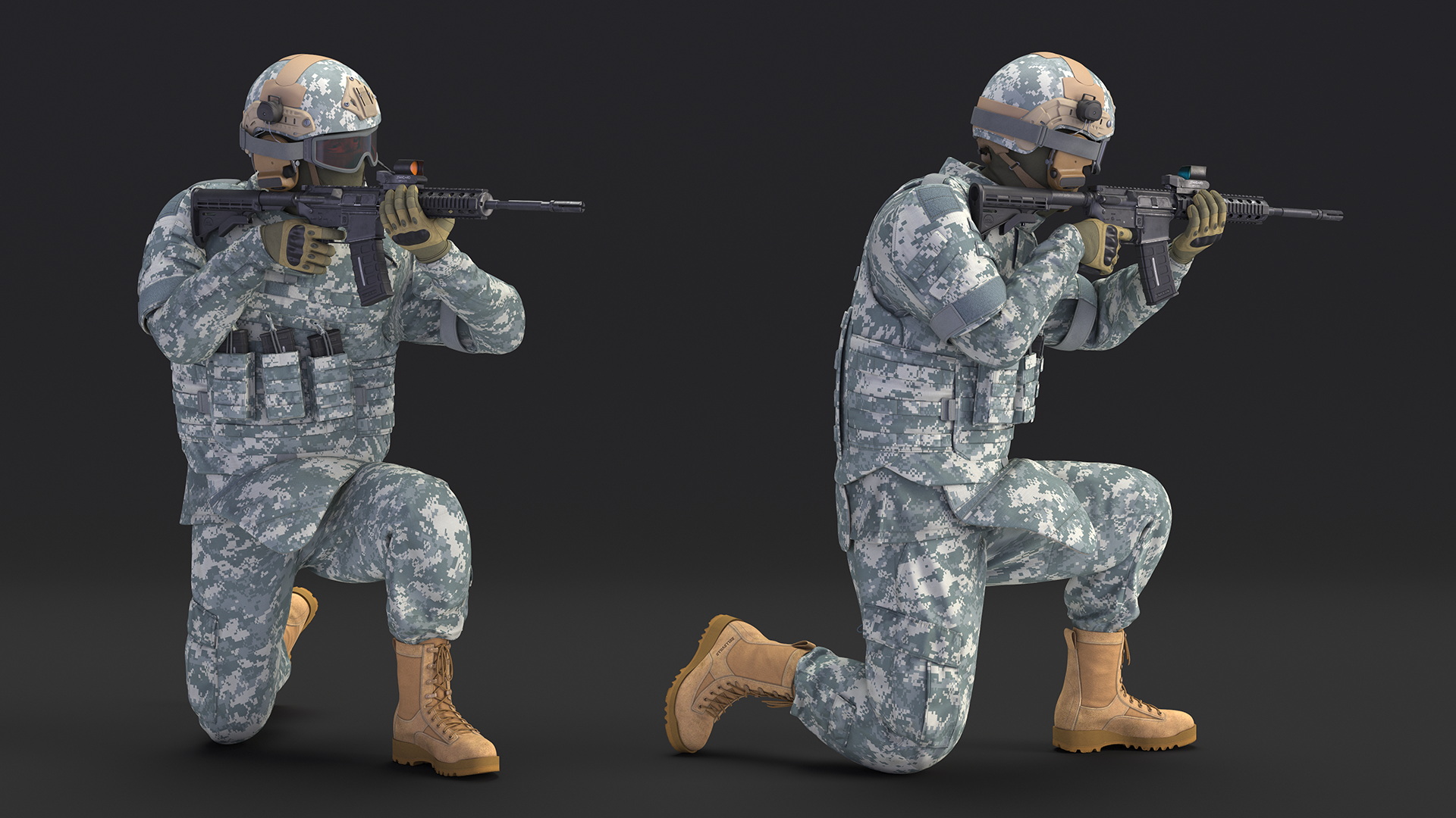 3D model Army Soldier in Grey Camo with Goggles Aiming