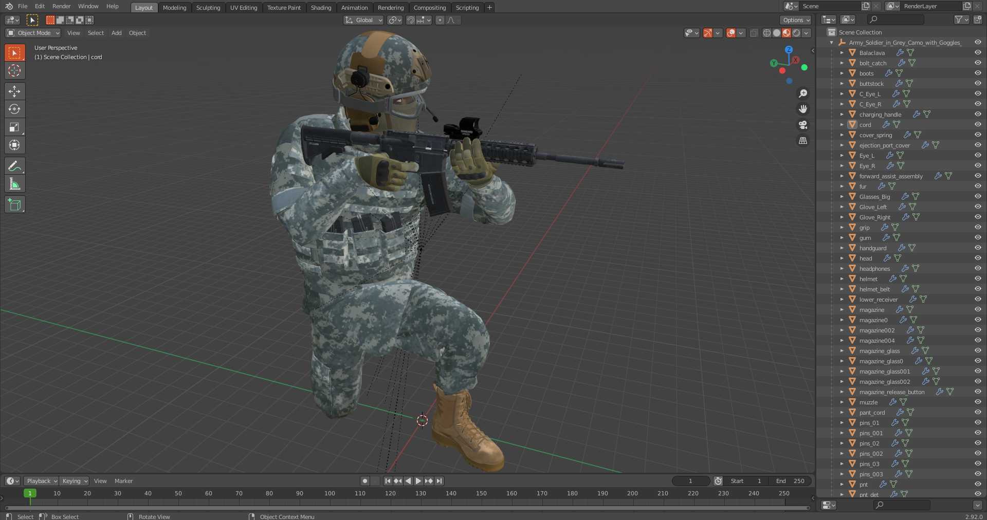 3D model Army Soldier in Grey Camo with Goggles Aiming