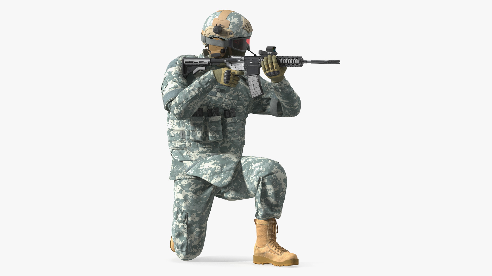3D model Army Soldier in Grey Camo with Goggles Aiming