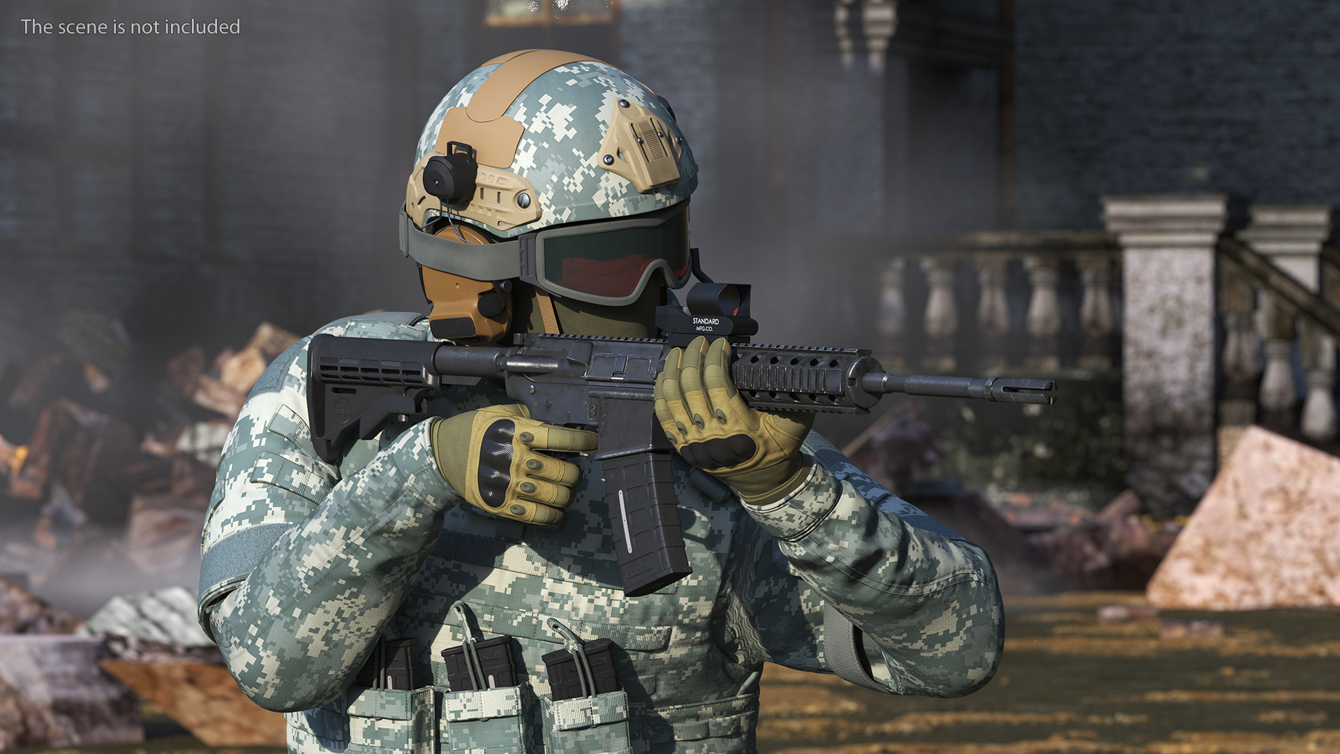 3D model Army Soldier in Grey Camo with Goggles Aiming