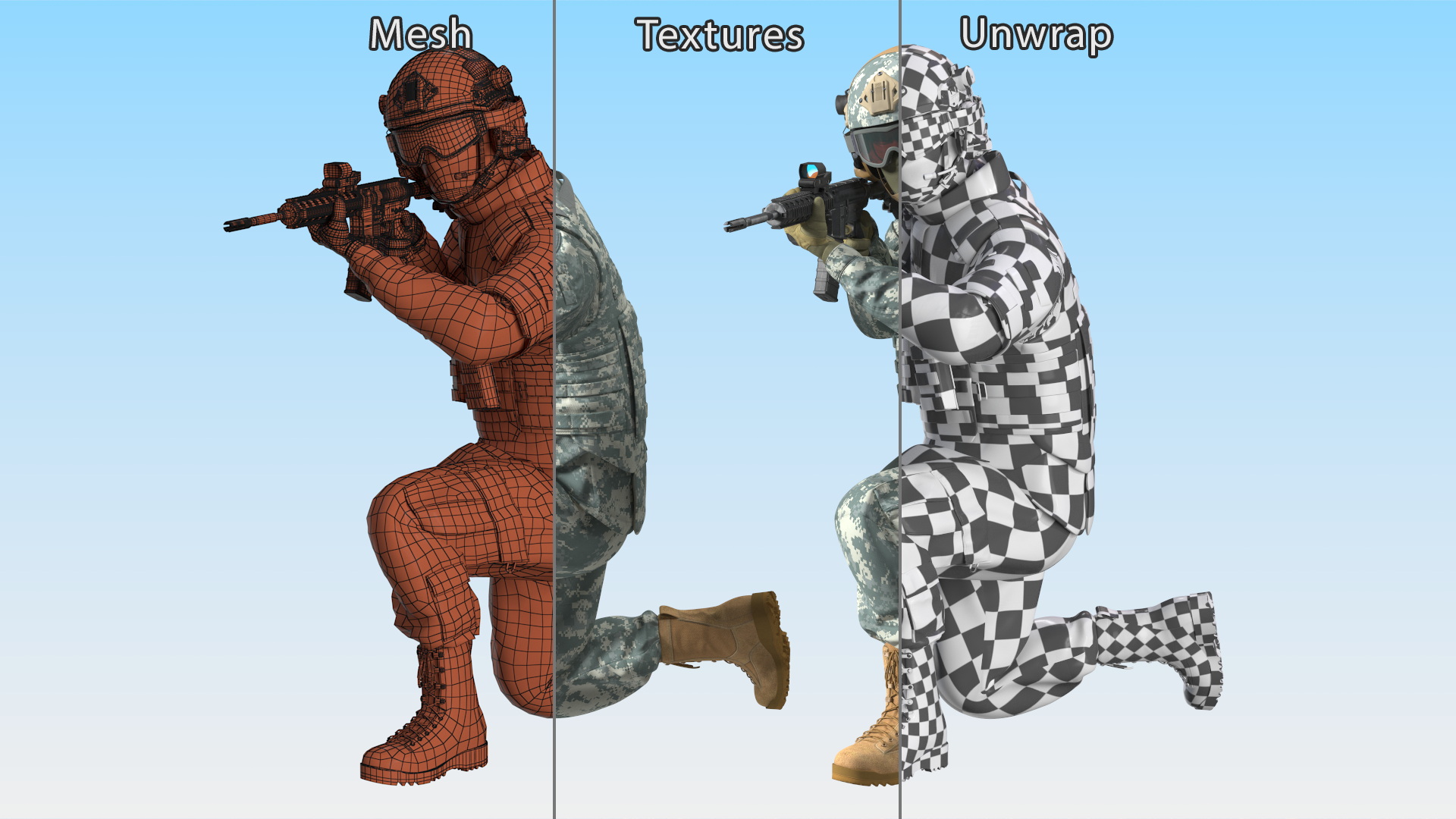 3D model Army Soldier in Grey Camo with Goggles Aiming