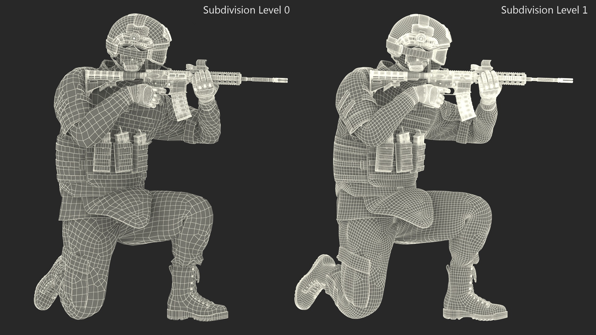 3D model Army Soldier in Grey Camo with Goggles Aiming