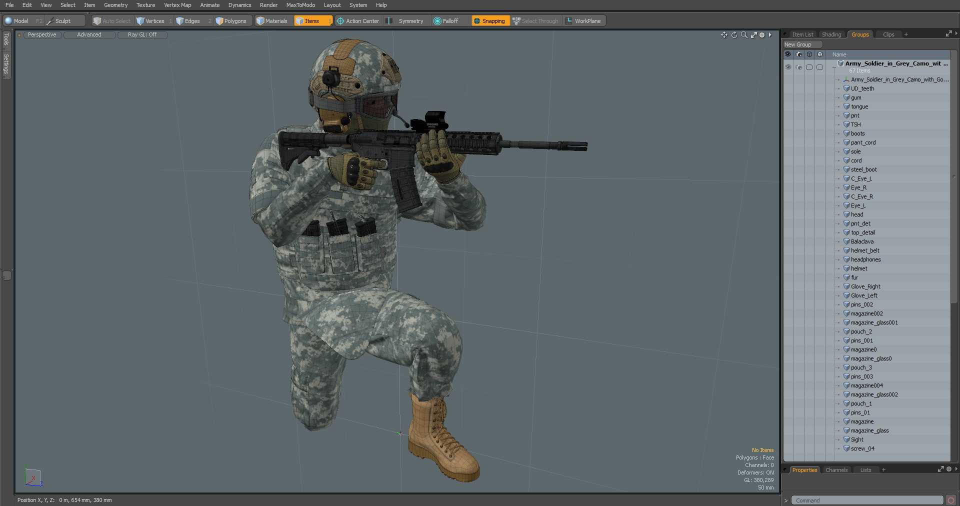3D model Army Soldier in Grey Camo with Goggles Aiming