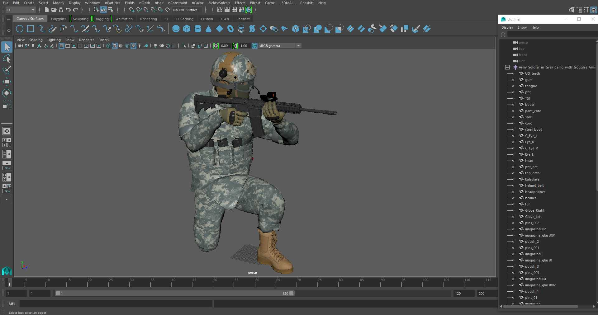 3D model Army Soldier in Grey Camo with Goggles Aiming