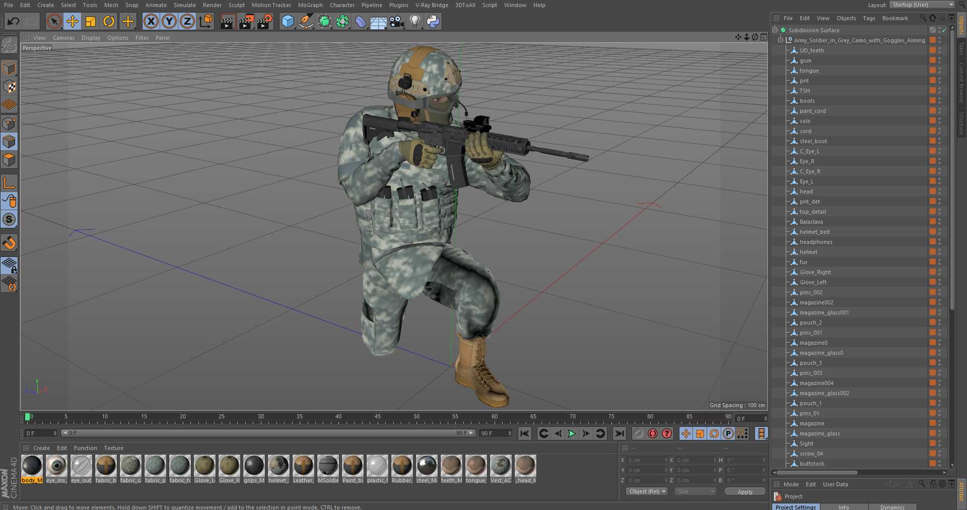 3D model Army Soldier in Grey Camo with Goggles Aiming