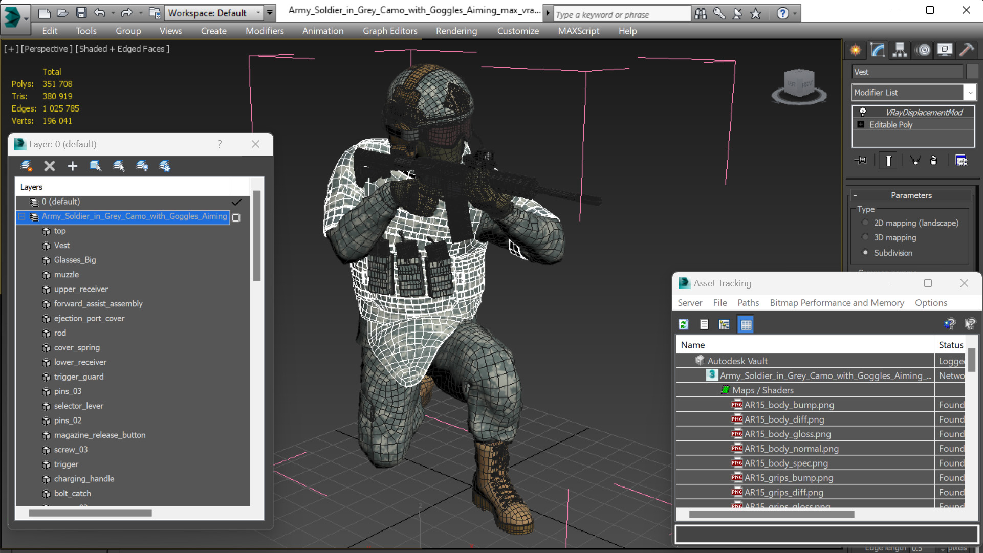 3D model Army Soldier in Grey Camo with Goggles Aiming