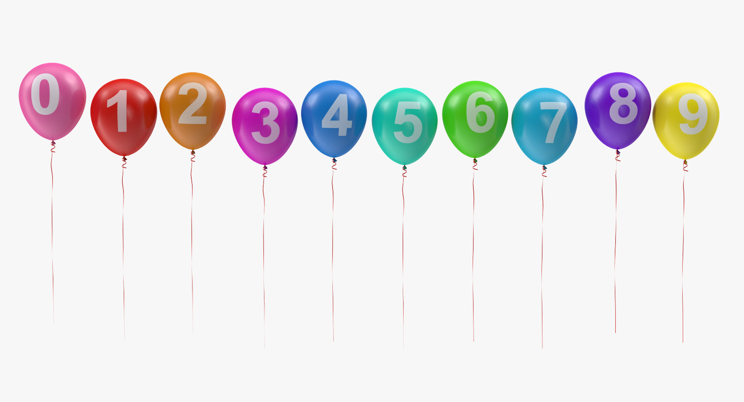 3D Air Balloons Set with Numbers and Ribbons