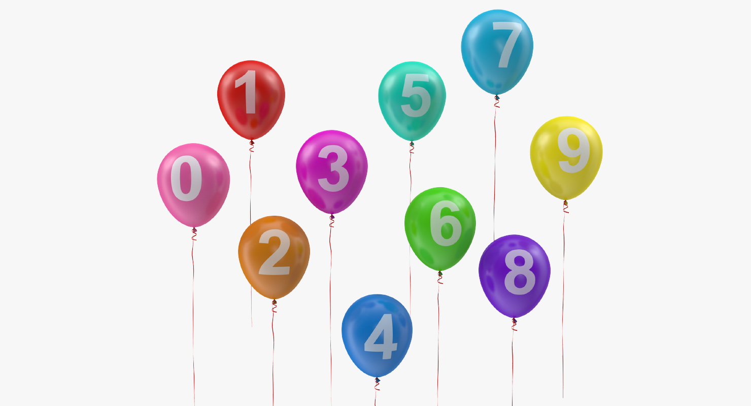 3D Air Balloons Set with Numbers and Ribbons