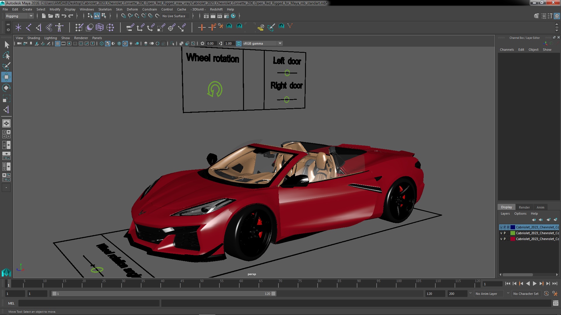 Cabriolet 2023 Chevrolet Corvette Z06 Open Red Rigged for Maya 3D