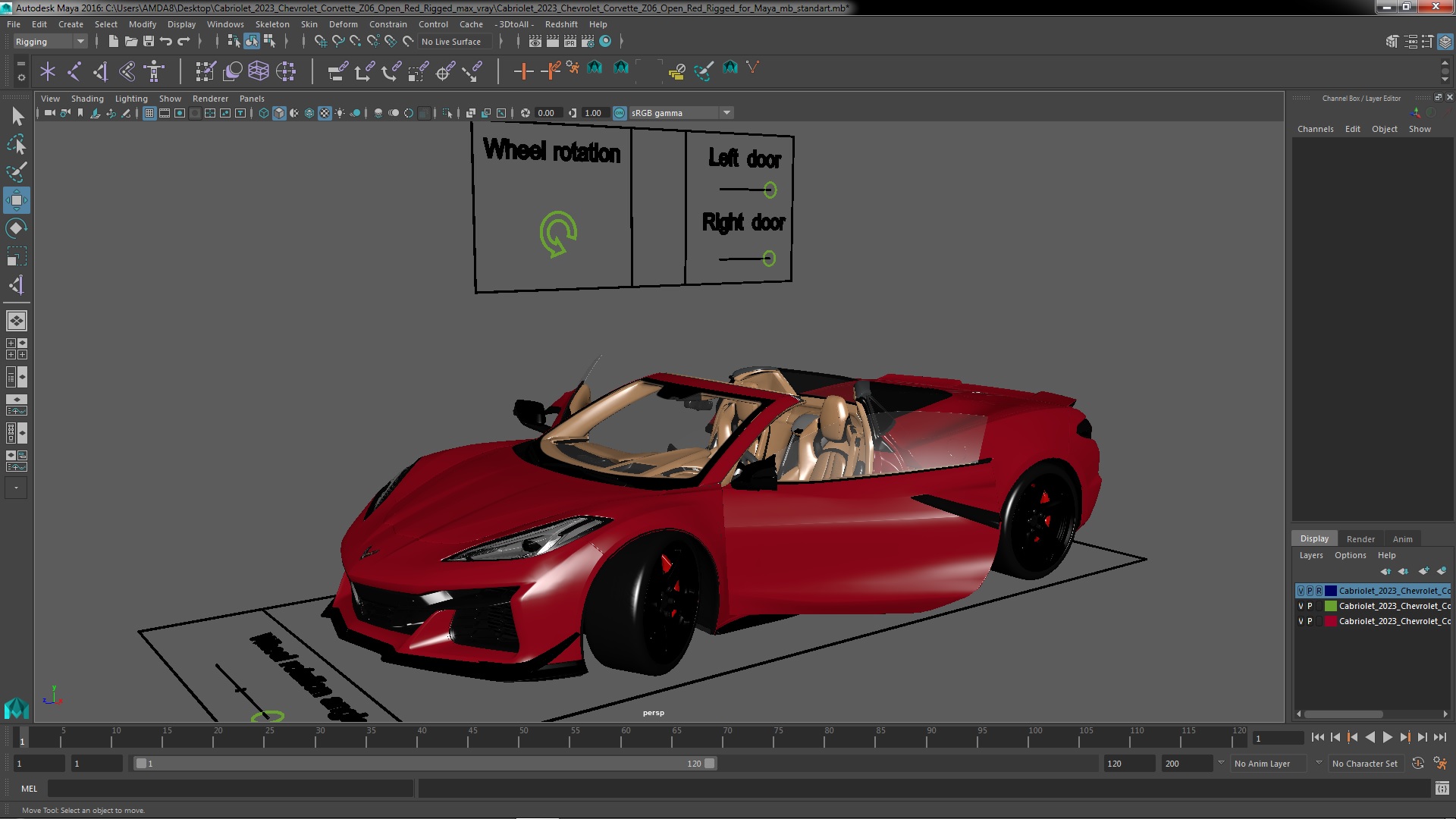 Cabriolet 2023 Chevrolet Corvette Z06 Open Red Rigged for Maya 3D