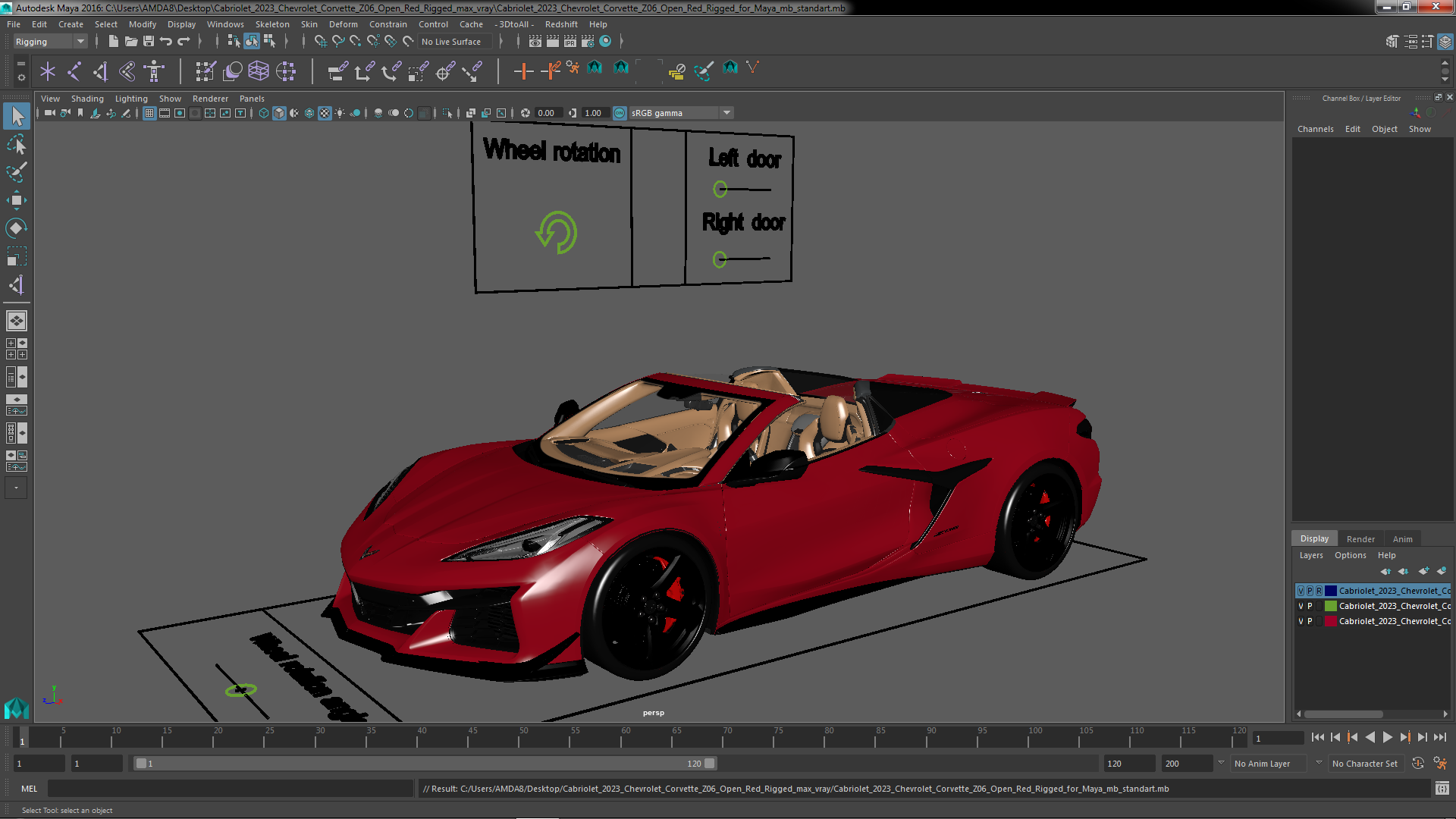 Cabriolet 2023 Chevrolet Corvette Z06 Open Red Rigged for Maya 3D