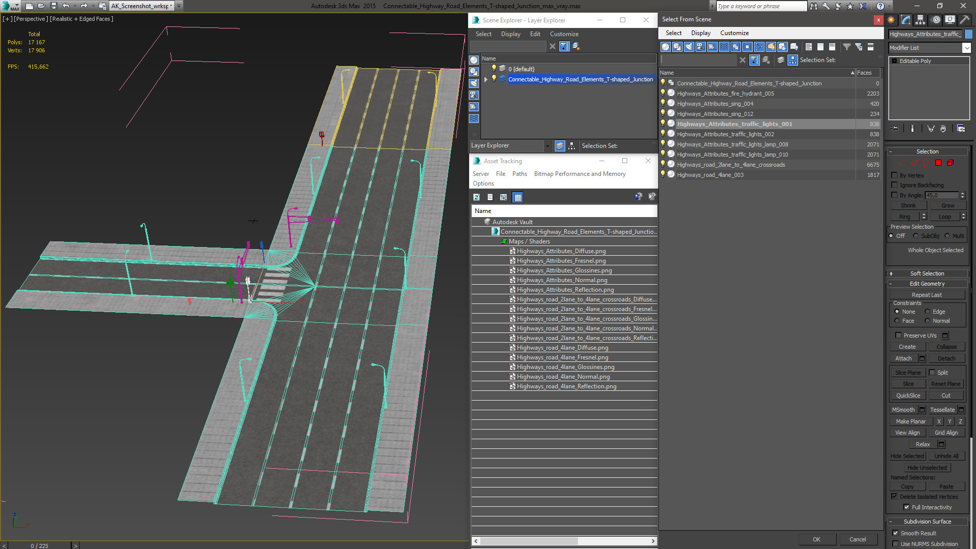 3D Connectable Highway Road Elements T-shaped Junction