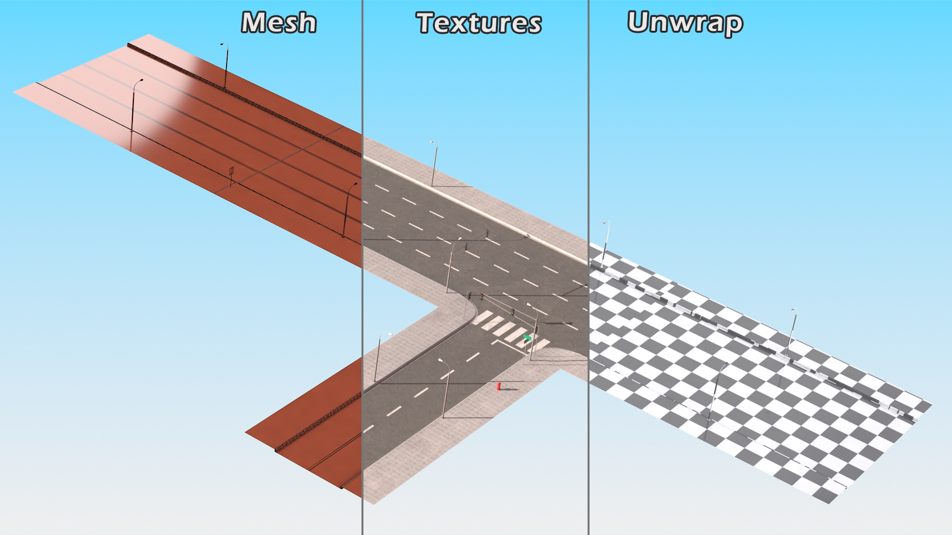 3D Connectable Highway Road Elements T-shaped Junction